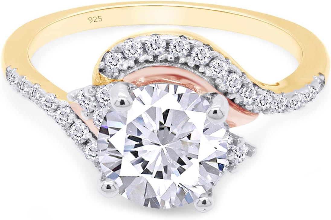 SAVEARTH DIAMONDS 7MM Center Round Shape Sparkling White Cubic Zirconia Bypass Two Tone Solitaire Engagement Promise Ring In 14k Gold Over Sterling Silver Jewelry For Women