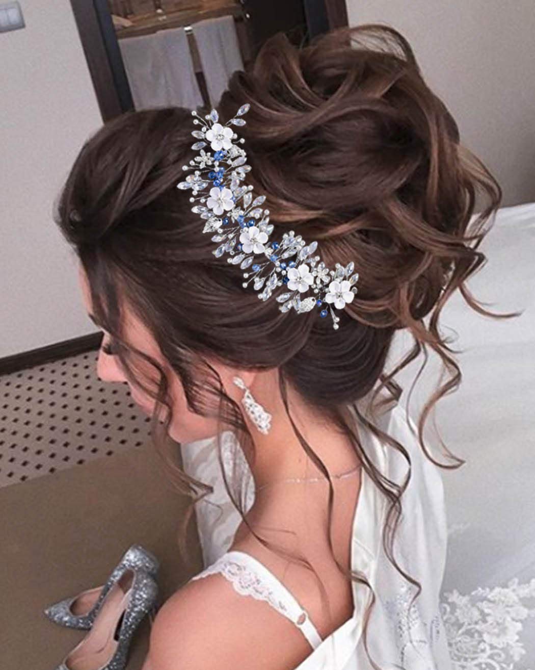 Unicra Diadema de novia de flores para novia, pelo de vid de plata con diamantes de imitación para novia, accesorio para el cabello para dama de honor y mujeres