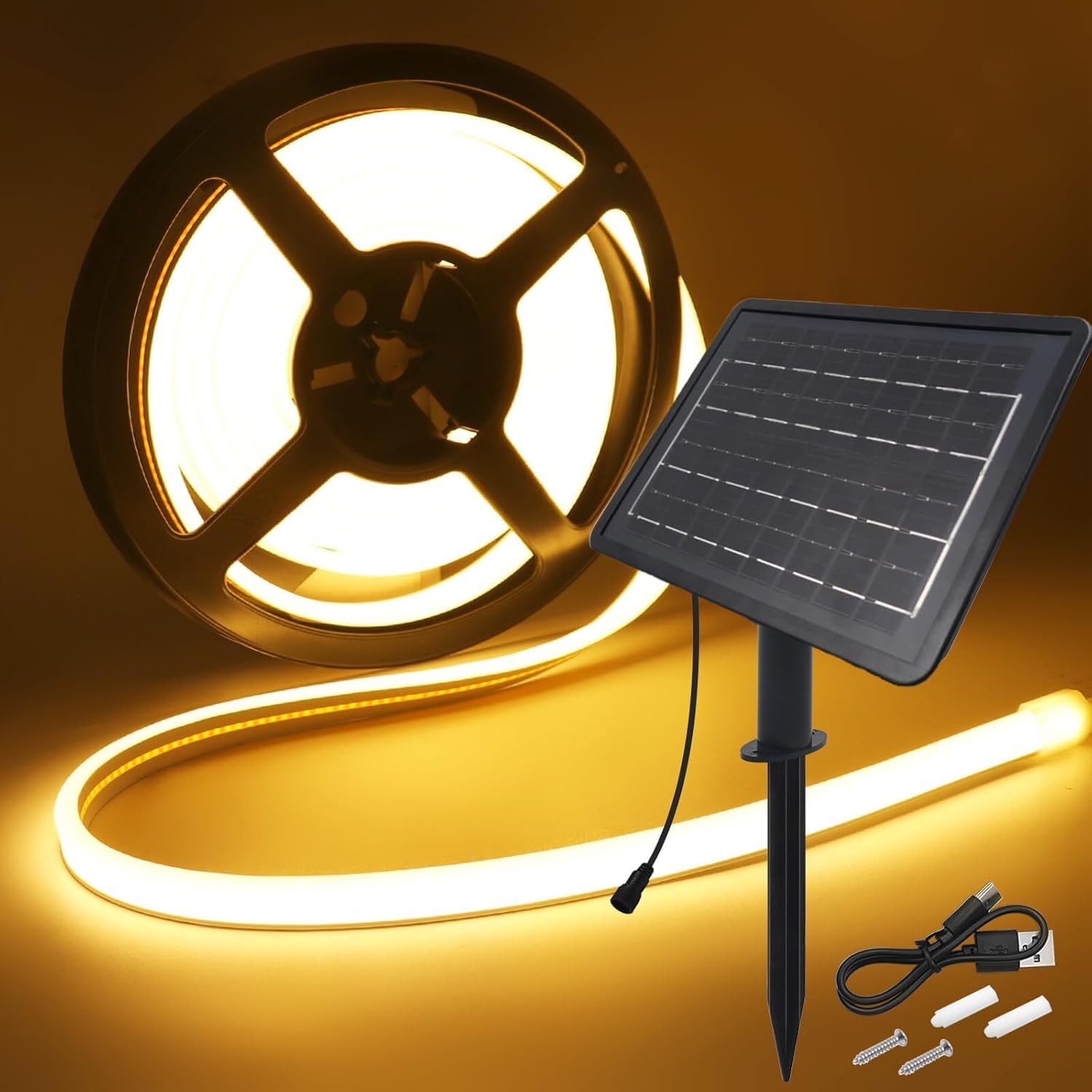 Tira de luces LED Solar 24V, 8 Modos de luces de neón para exteriores, IP65 Tira de Neón Solar Cuttable 5cm, 320LEDs/m Tira LED COB súper brillante para patio, patio(Blanco Cálido,7M)