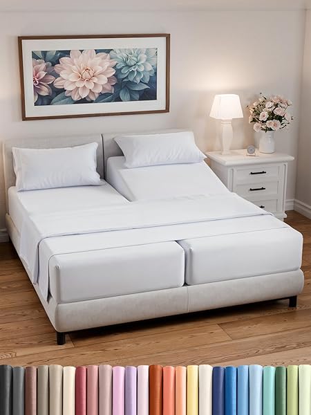 Split Queen Sheets - Easy-Fit, Wrinkle-Resistant, Designed for Split Queen Mattress – Split Queen Sheets Sets Fits 14" to 16" Deep Pockets – Premium Extra Soft, Queen Split Fitted Sheet Set – White