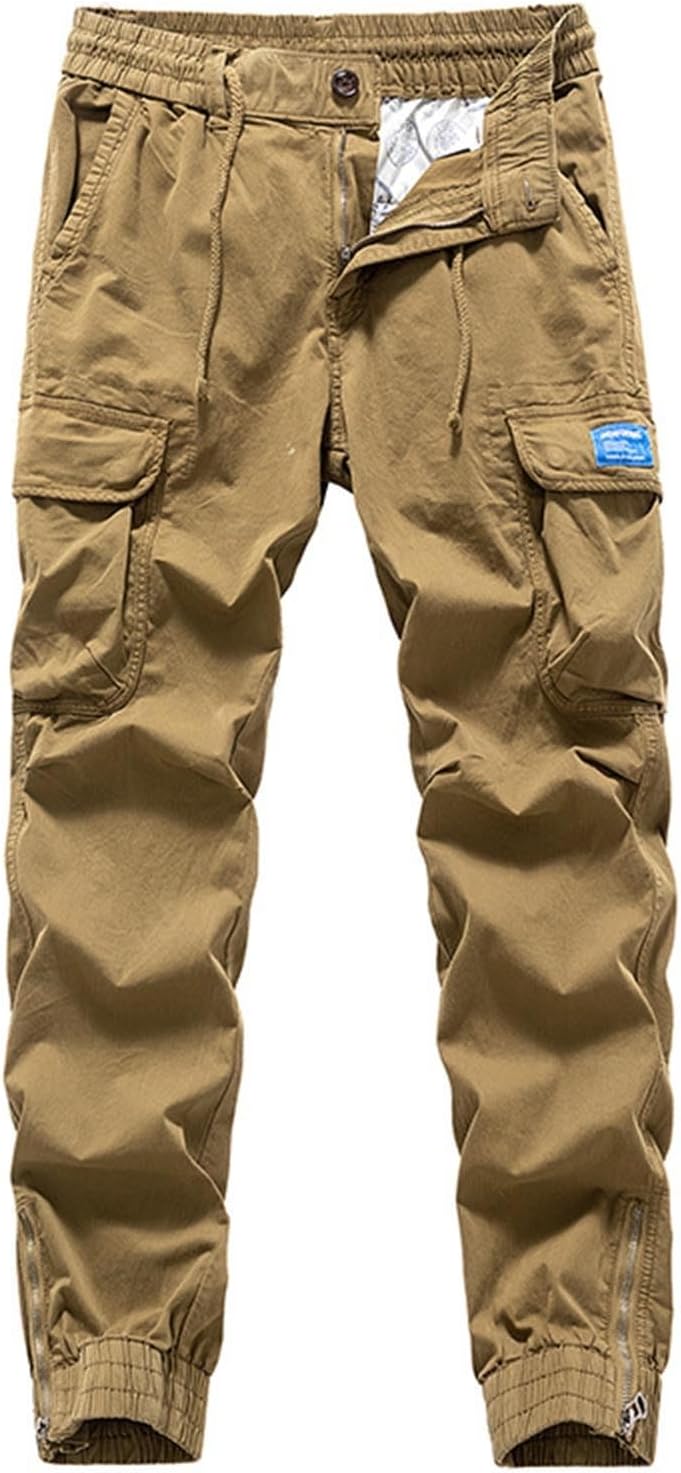 Men Button Zipper Elastic Waist Cargo Pants Casual Drawstring Tapered Trousers Outdoor Workout Pants with Pocket