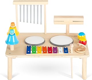 Classic Cantabile 12-in-1 Percussion Drum Set for Children and Babies from 1 Year Old Montessori Children's Toy Wooden Musical Instruments for Toddlers with Glockenspiel & Drums