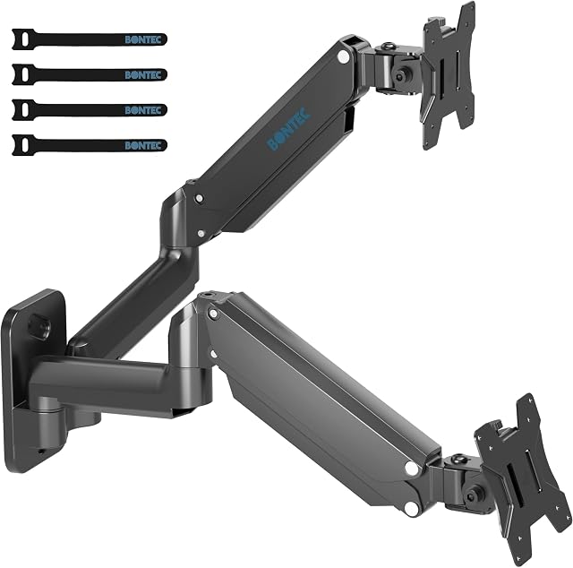 BONTEC Dual Monitor Wall Mount for 13-27 Inch Screens, Monitor Wall Mount with Gas Spring Arm up to 8 kg, Full Motion Tilt Swivel Double Monitor Wall Mount, VESA 75 & 100mm, Cable Ties included