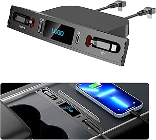 Car USB Charger Multi Port for 2021 2022 2023 Tesla Model 3/Y,Multifunctional Tesla Accessories with Logo and Retractable Cable,Tesla USB hub 100% Fit Center Console Adapter,Gifts for Tesla Owners
