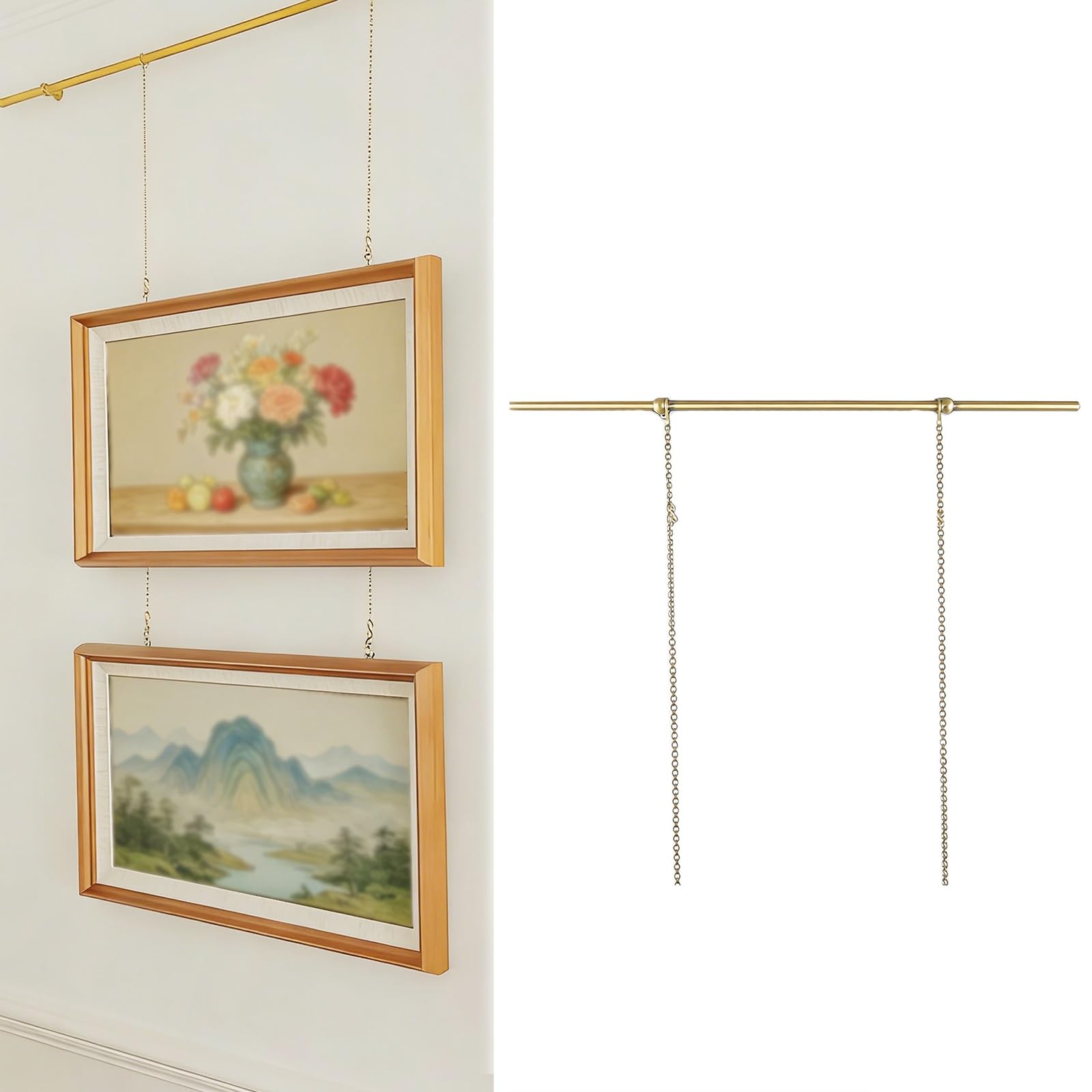 accroche tableau Kit de suspension de photos en laiton pour maison, rail de photos réglable résistant à la rouille avec crochets à chaîne(0.7m(27.6") Rod)