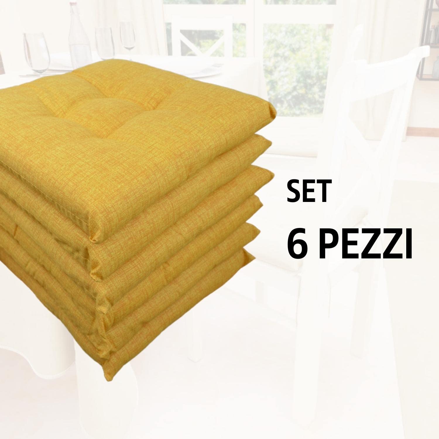 Intimitaly Set 6 Cuscini Sedia Con Lacci 4 Punti Comodi Made in Italy in Cotone Imbottiti e Spessi 6 Cm (Ocra)