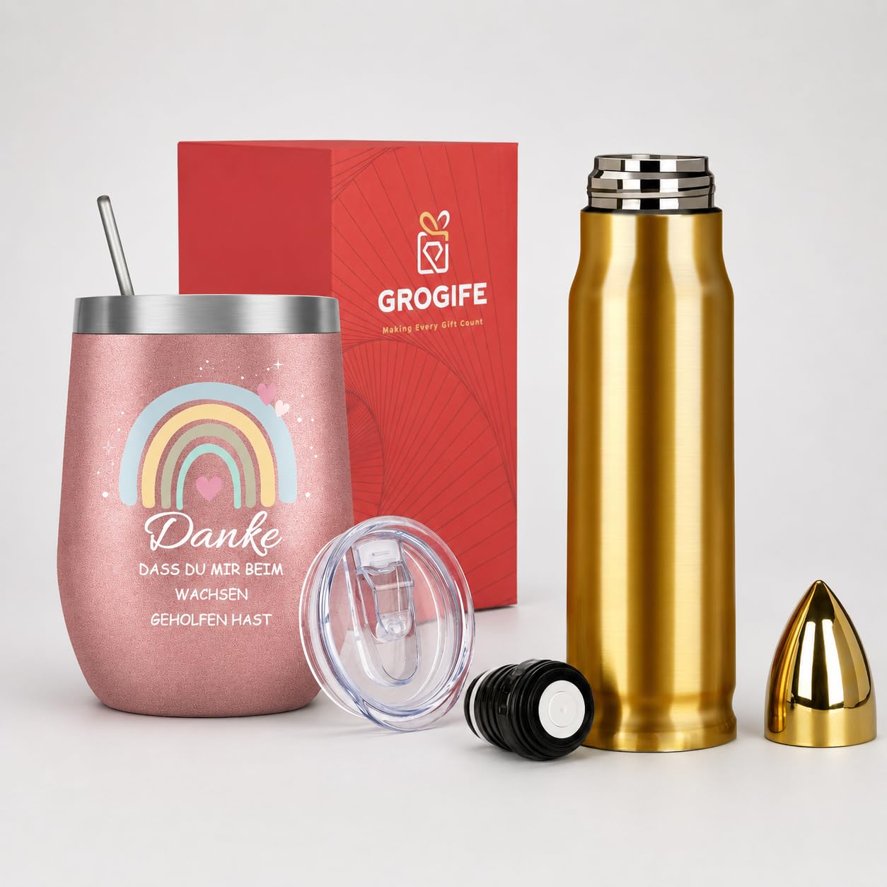 Grogife Set of 2 Eierförmiger Rainbow Thermobecher + 1L Bullet Thermobecher, Geschenk für Männer