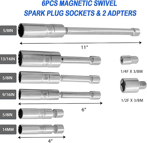 Miniatura 10 de Bujía magnética giratoria de pared delgada de 0.551 in y 0.630 in, unidad de 38 pulgadas, herramienta de extracción de bujías de 12 puntos,