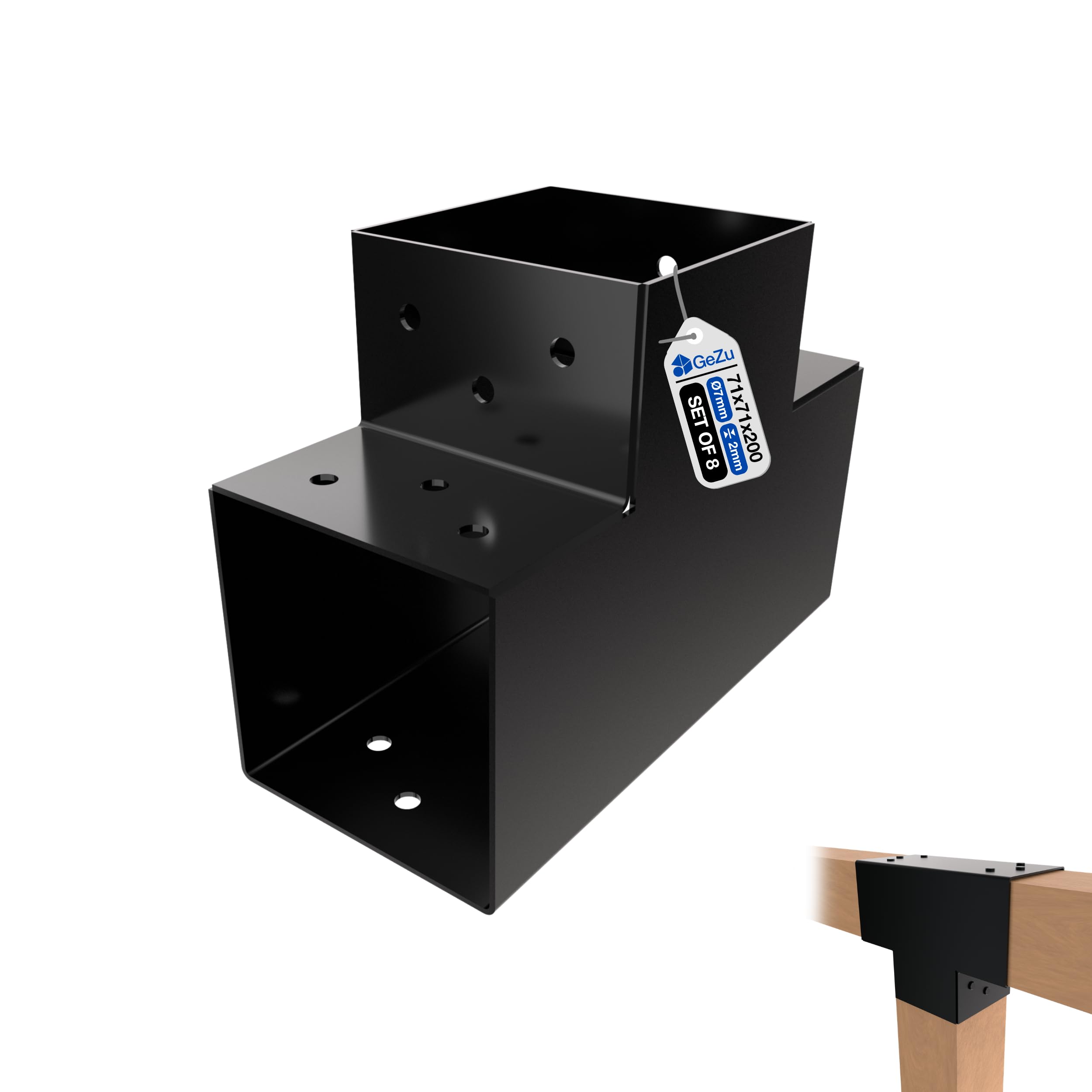 GeZu Impex Post Connector T 71 x 71 mm Black Powder Coated Set of 8 Pergola T Shape 3 Beam Post Connector Corner Pavilion Bracket