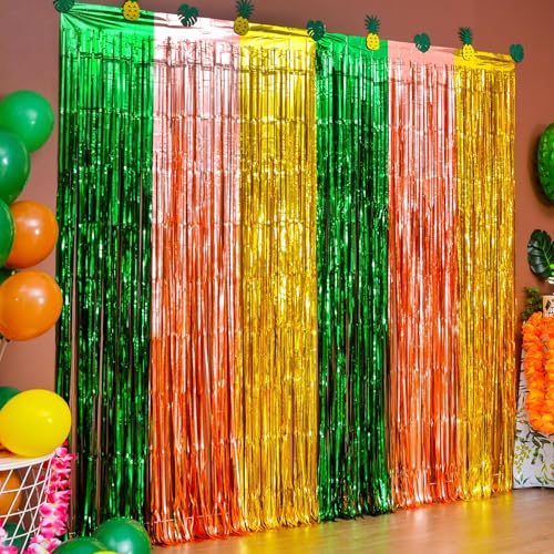 LOLStar Hawaiian Luau Party Decorations, 2 Pack of 3.3x6.6 ft Green Brown and Yellow Foil Fringe Curtains, Tiki Party Photo Booth Props, Aloha Themed Photo Backdrop for Tropical Party Decorations