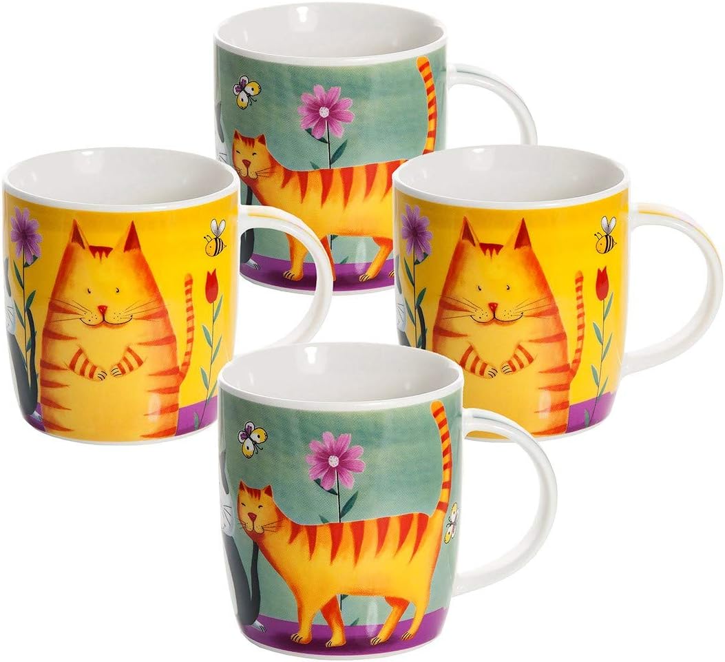 Set of 4 Cat Mugs Cups for Tea, Coffee and Hot Drinks,Colourful Cats Design Porcelain China, Gift for Cat Lovers and Owners