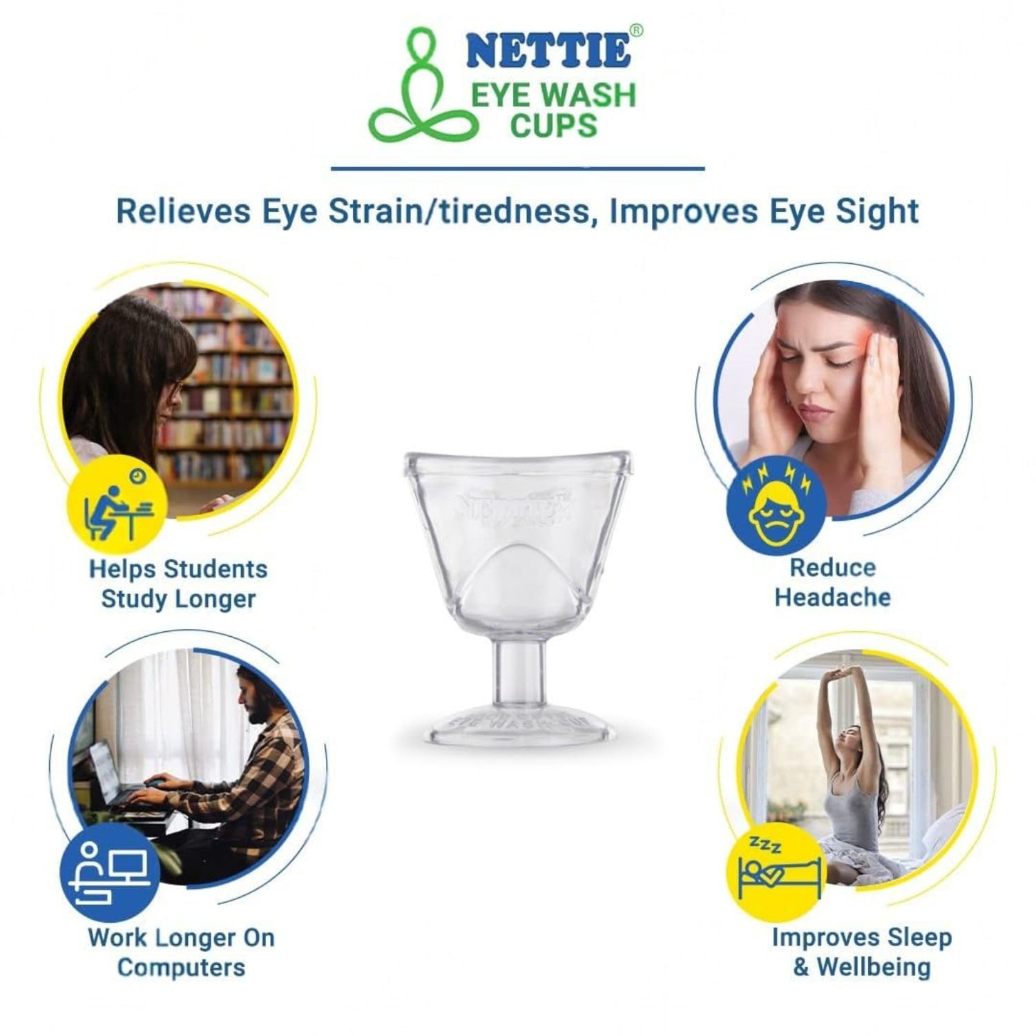 NETTIE Jal Neti Pot (300ml, BPA-Free) + 2 Eyewash Cups | With Pouch & Guide | Sinus, Cold, Allergy Relief & Eye Detox | Nasal & Eye Cleansing Combo, Food Grade, Transparent Cups 4