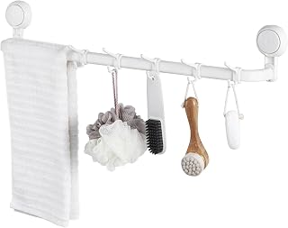 TAILI Suction Cup Bath Towel Bar with 5 Hooks, Drill-Free Towel Rack Wall Mounted Removable Heavy Duty Hand Towel Holder for Bathroom Hardware and Shower Kitchen Accessories Hanging Towel Bar