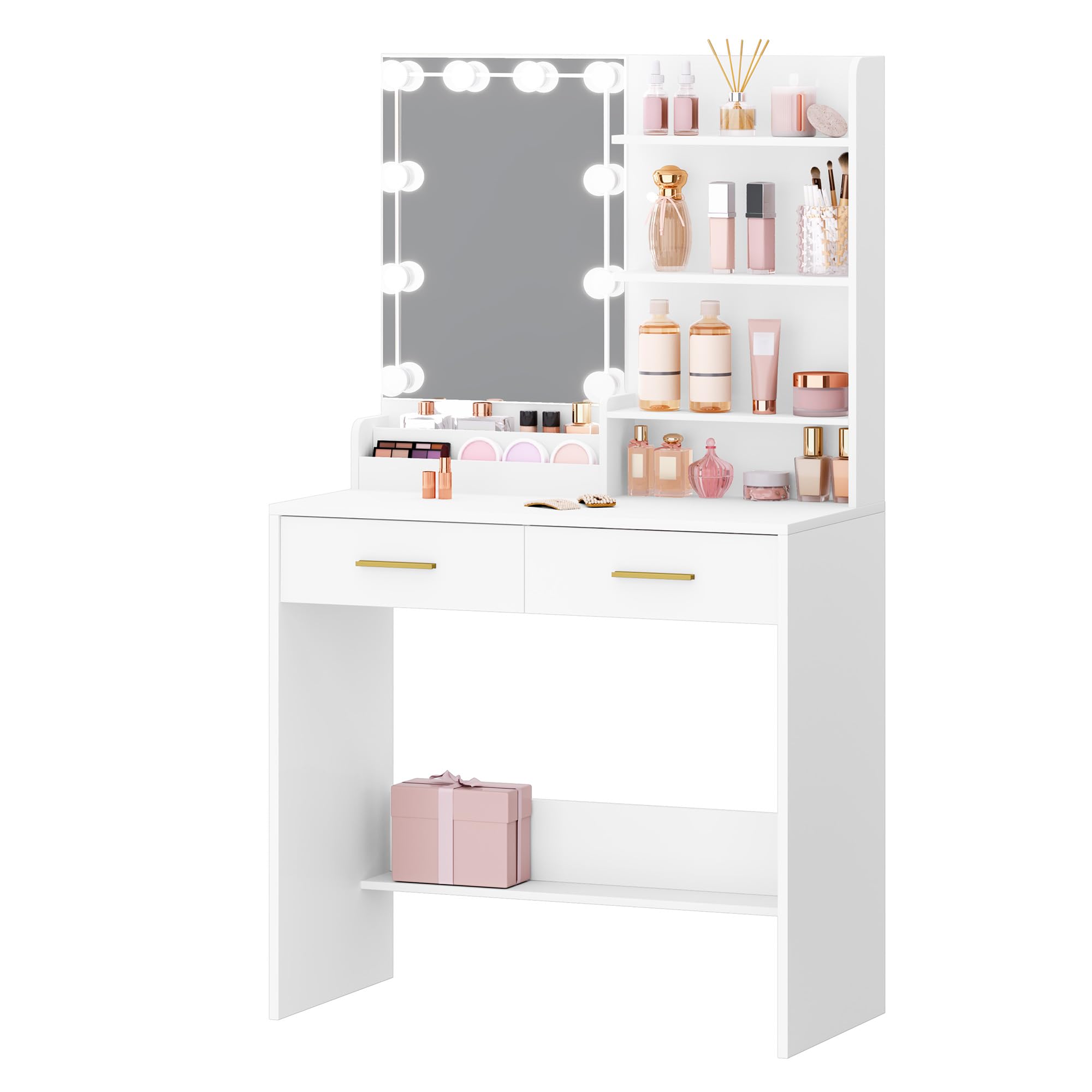 Hzuaneri Toeletta con Lampadina, Tavolo da Trucco, Vanità Per Il Trucco con 4 Ripiani Aperti e 2 Scomparti, Tavolino da Toeletta con 2 Cassetti, Bianco DT39203X