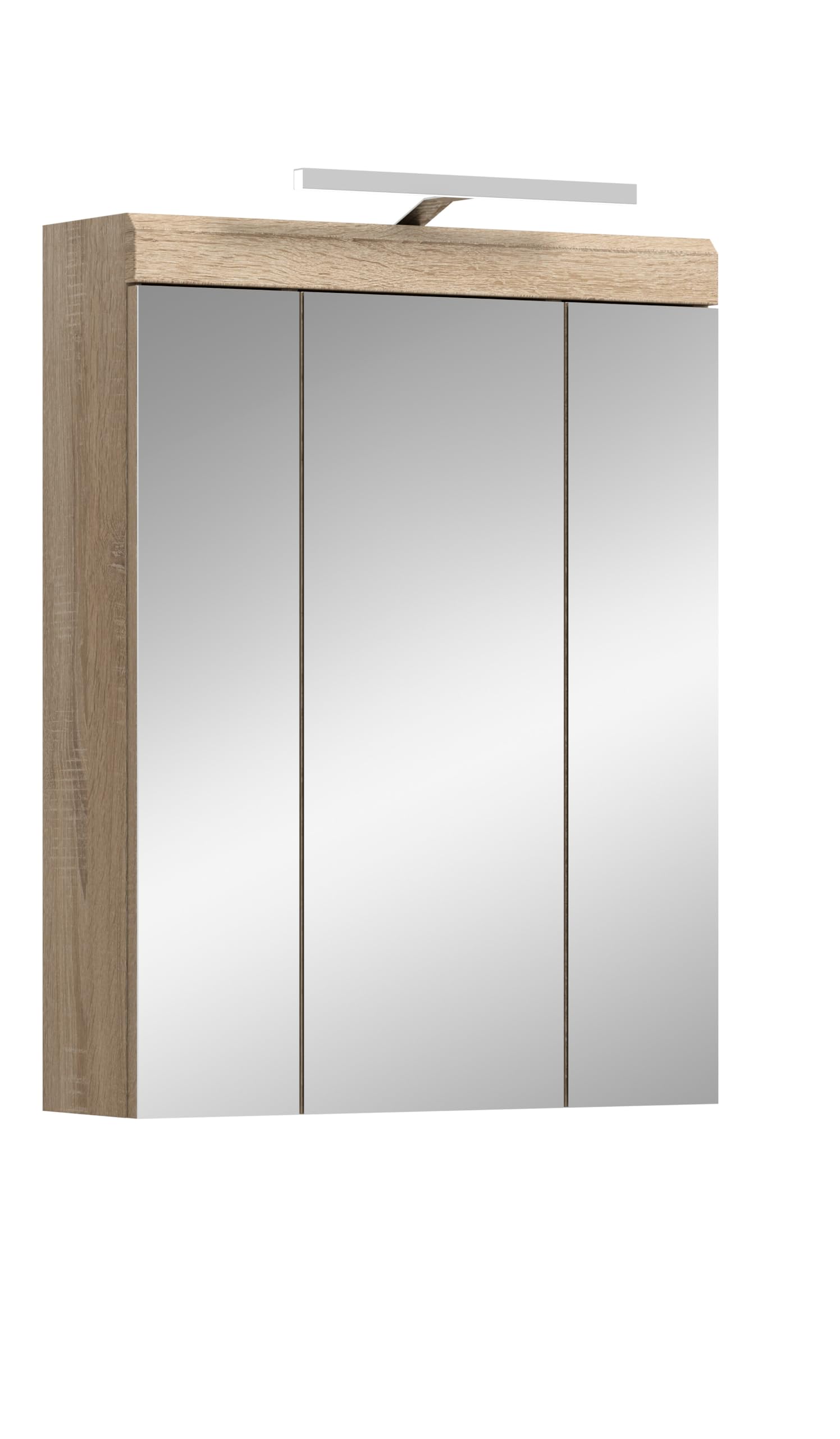 Spiegelschrank Lambada mit Beleuchtung – Badmöbel in Weiß Hochglanz / Sonoma Eiche hell, 60 × 79 × 18 cm