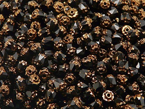 50 Pieces 5mm Cathedral Beads - Czech Glass Faceted Fire-Polished Beads in The Form of Olive, Jet Black Bronze Ends