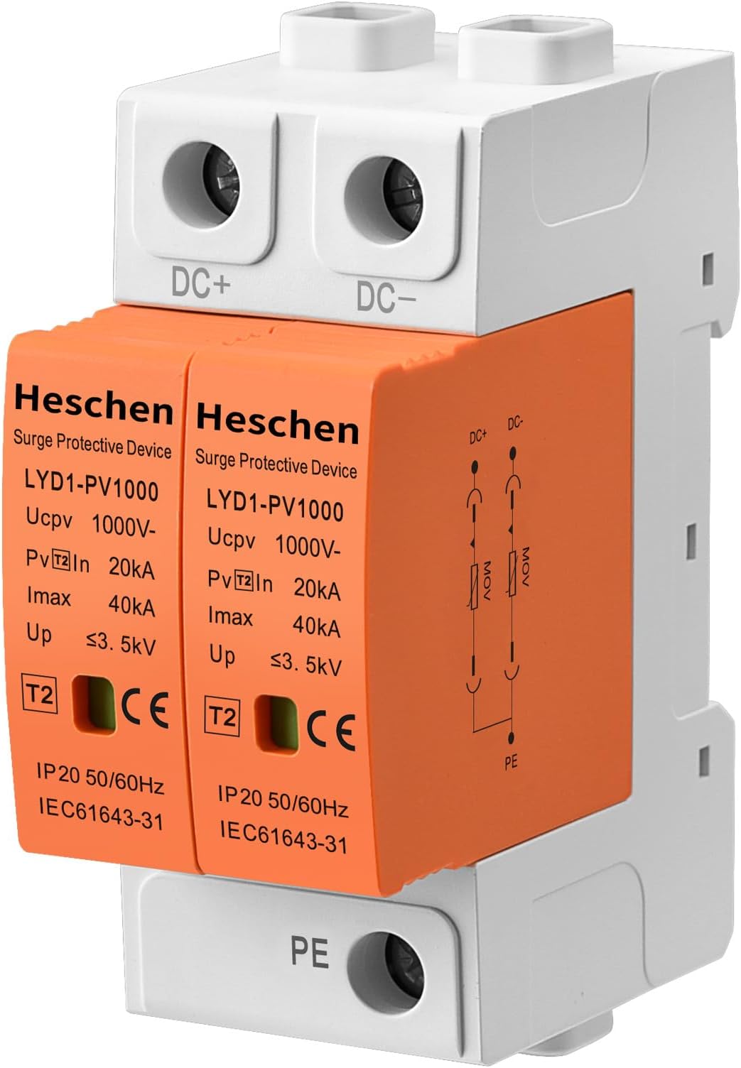 Heschen Surge Protective Device for PV, LYD1-PV1000, 2P 1000VDC 20-40KA, 35mm DIN Rail Mounting, for Lightning Protection Power Distribution and Control Appliances (2)