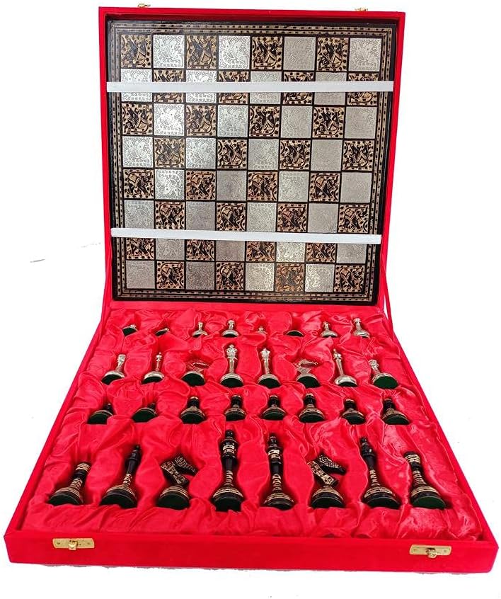 14 inch Handcrafted Russian Soviet Series Metal Chess Pieces & Board Set with Velvet Storage Box  Quad Weighted 