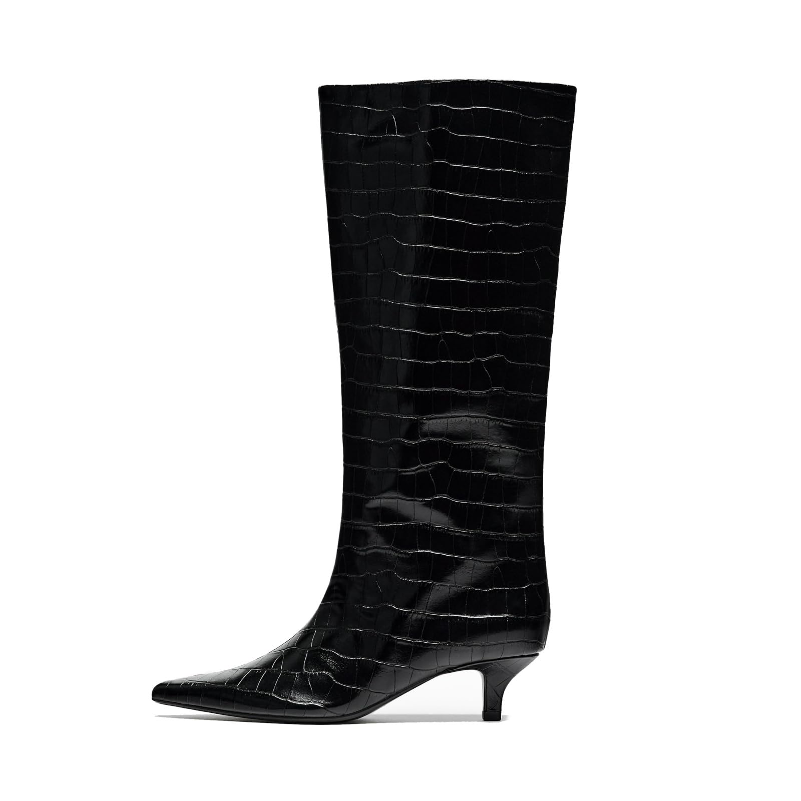 Goolita Burgundy Knee High Boots For Women Pointed Toe Kitten Heel Wide Calf Boots Cherry Red Slip On