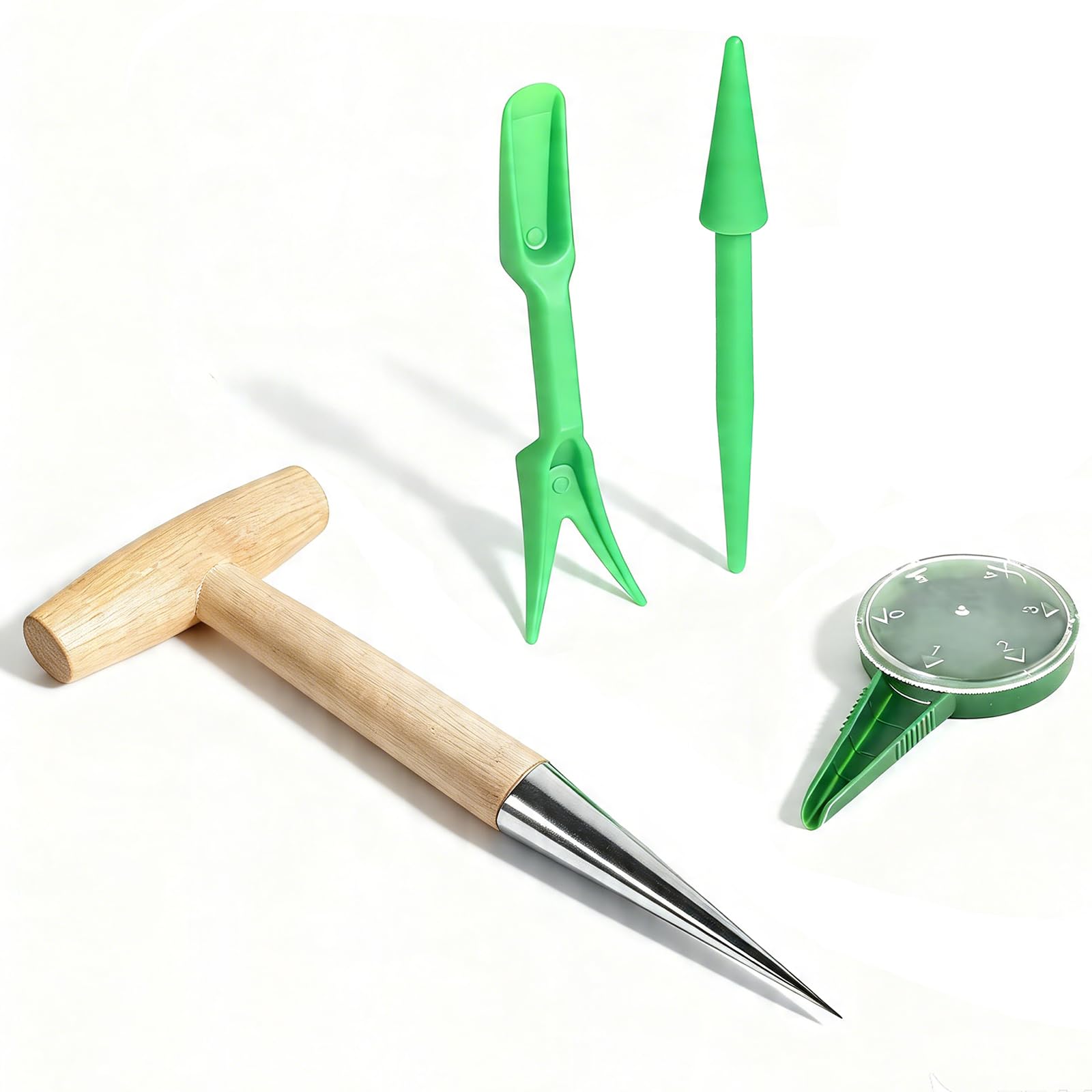 Stainless Steel dibber with T-Handle bulb planter tool seed spreader with Measuring Planting Gardening Kit For Enthusiasts Seedlings, Flowers & Vegetable Beds (Green, 3 Pcs)