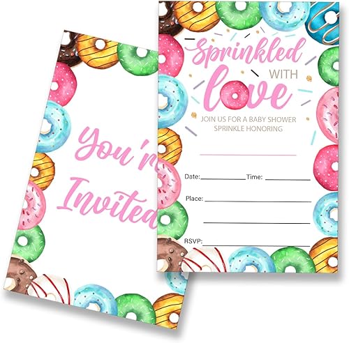 Donut - Juego de 20 invitaciones para fiesta de baby shower, con sobres rociados con donas de amor, tarjetas de invitación para baby shower, doble