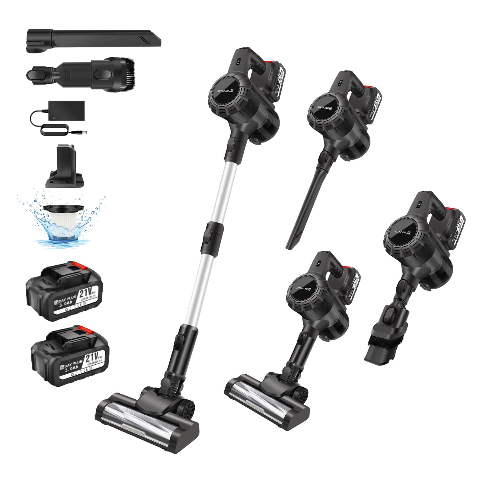 6-in-1 Cordless Vacuum Cleaner 22.2V，450W 35KPA Stick Vacuum with 2 * 3000mAh batteries,40 Minute Run Time,Powerful & Lightweight,Great for Pet Hair Carpets & Hard Floors（Quick Charger）