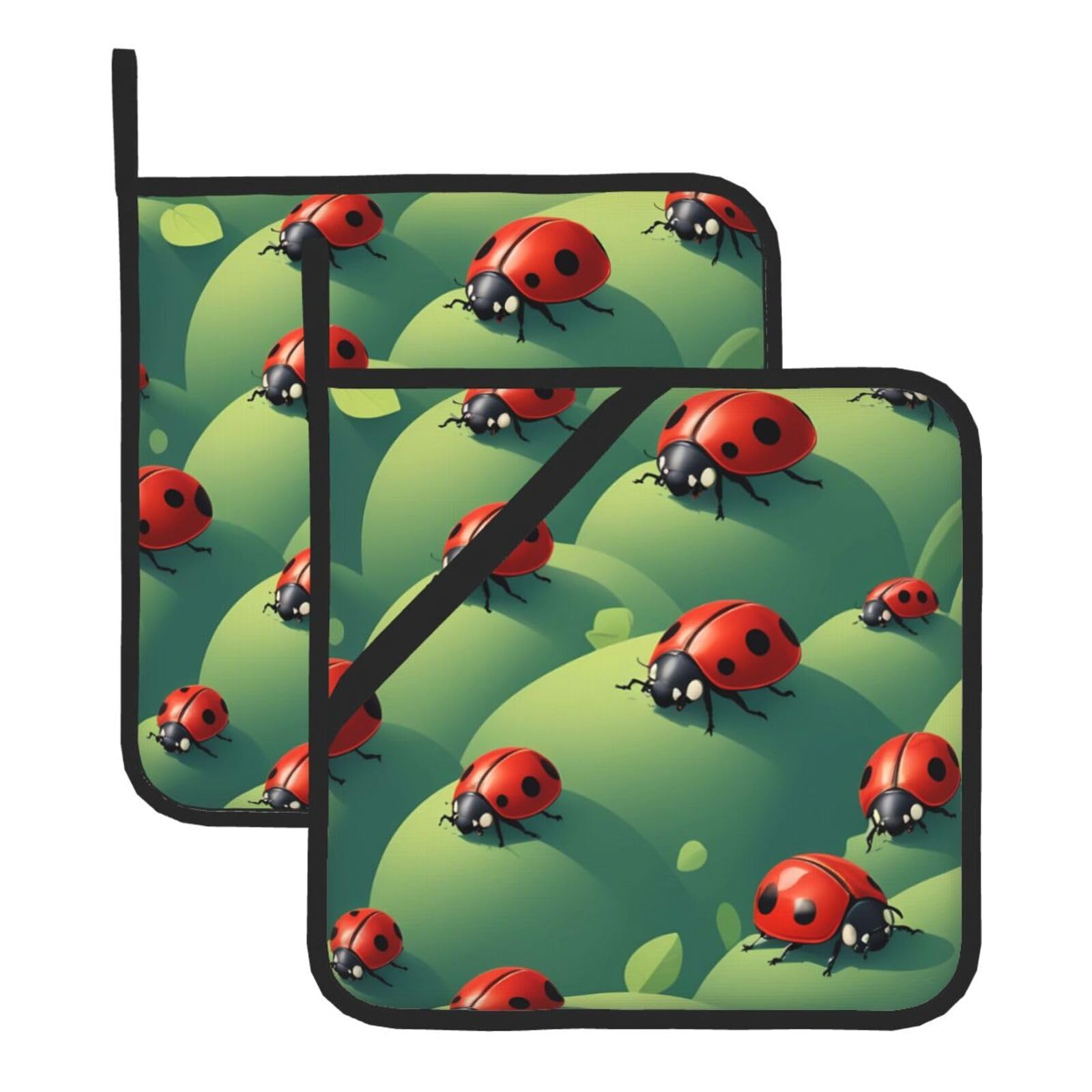 HJFCZH Ladybug Landscape Printed Square Insulated Pot Mat Set (2-Piece) 8x8in Waterproof, Thickened & Easy to Clean with Lanyard Design for Kitchen, Oven & BBQ