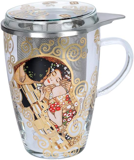 CARMANI - Unique Glass Printed Tea Mug and Infuser with 'The Kiss' by Gustav Klimt 350 ml