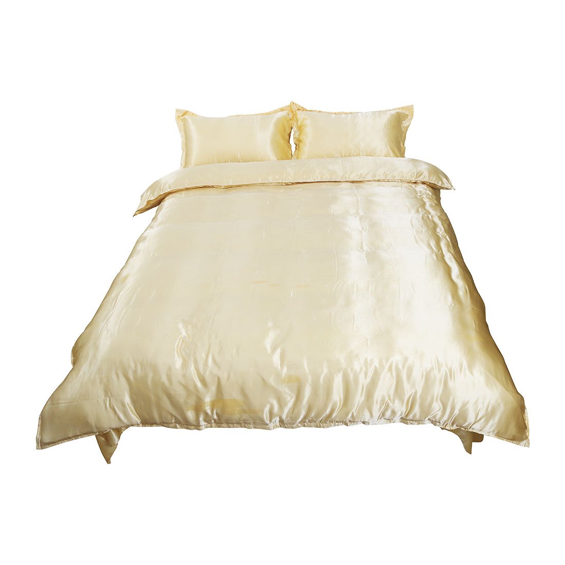 uxcell 3pcs Golden Satin Silk Like Solid Color Bedding Set Duvet Cover Silk Pillow Shams Silk Sheet Comforter Cover Sets, Twin Size