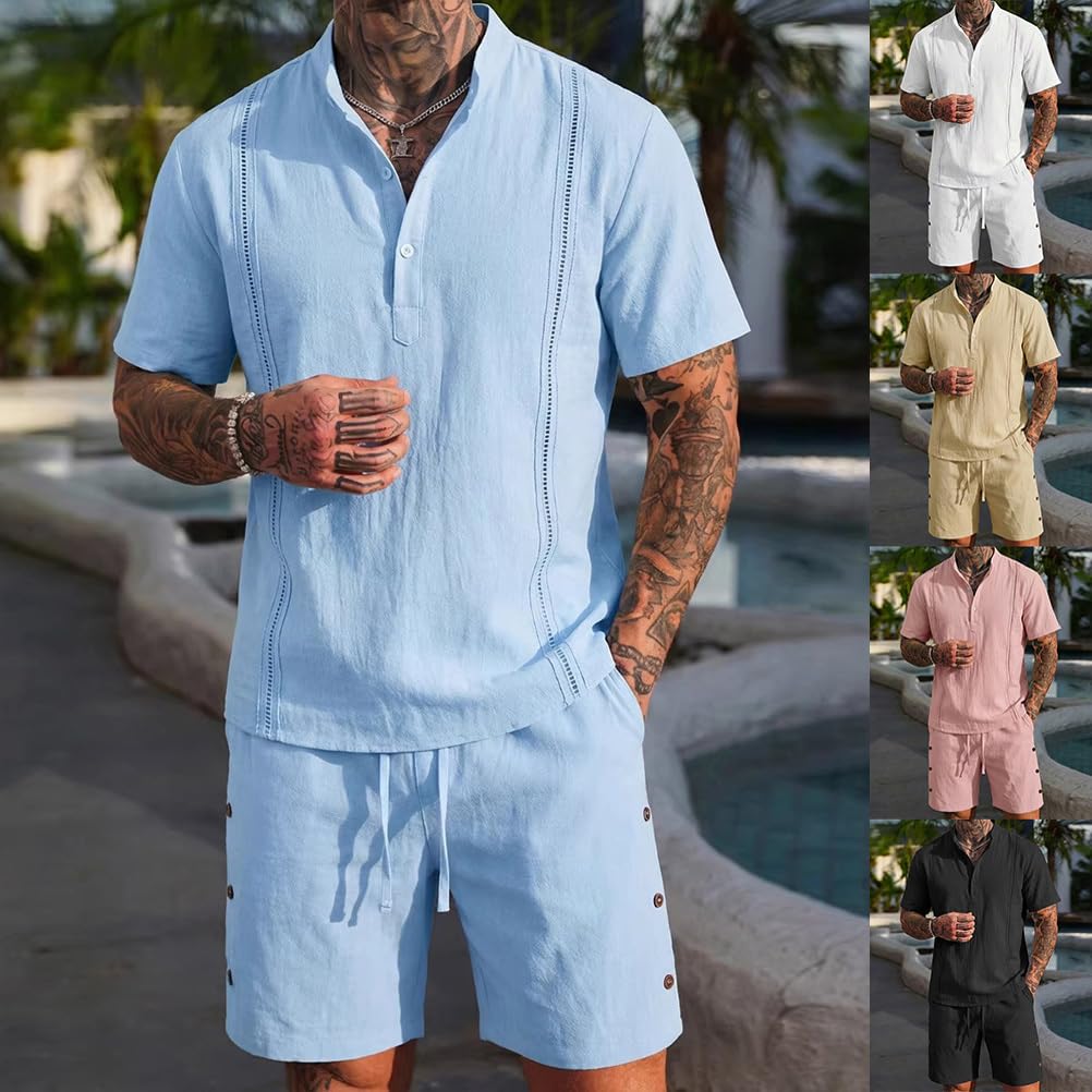 Ensemble en Lin 2 Pièce Homme Chemise T-Shirt Manches Courtes Pantacourt Shorts Jogging Été