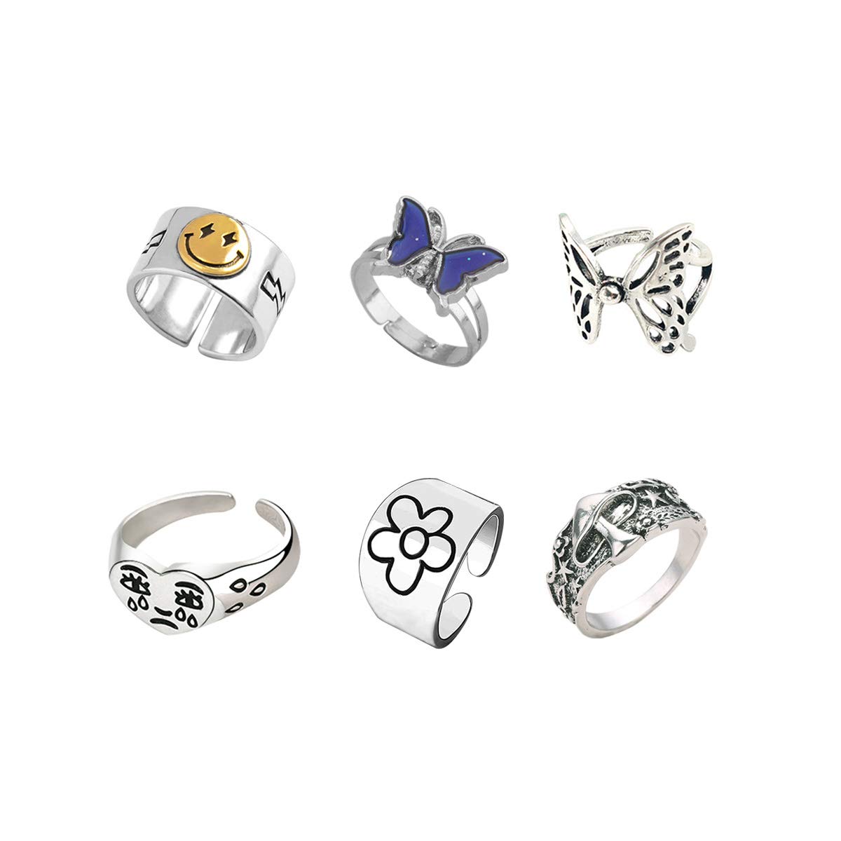 ItsStarred6pcs Smiley Crying Face Knuckle Ring Set Chunky Adjustable Butterfly Vintage Silver Mushroom Star Flower Ring Pack for Women