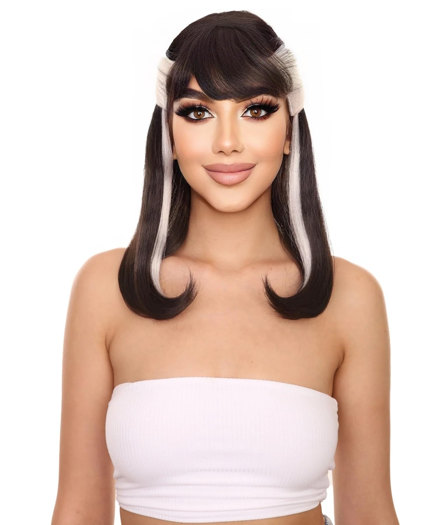 HPO Women's Narcissistic Vampiress Witch White & Black Color Wig, Half-Up Black with White Strands, Quality Halloween Accessory