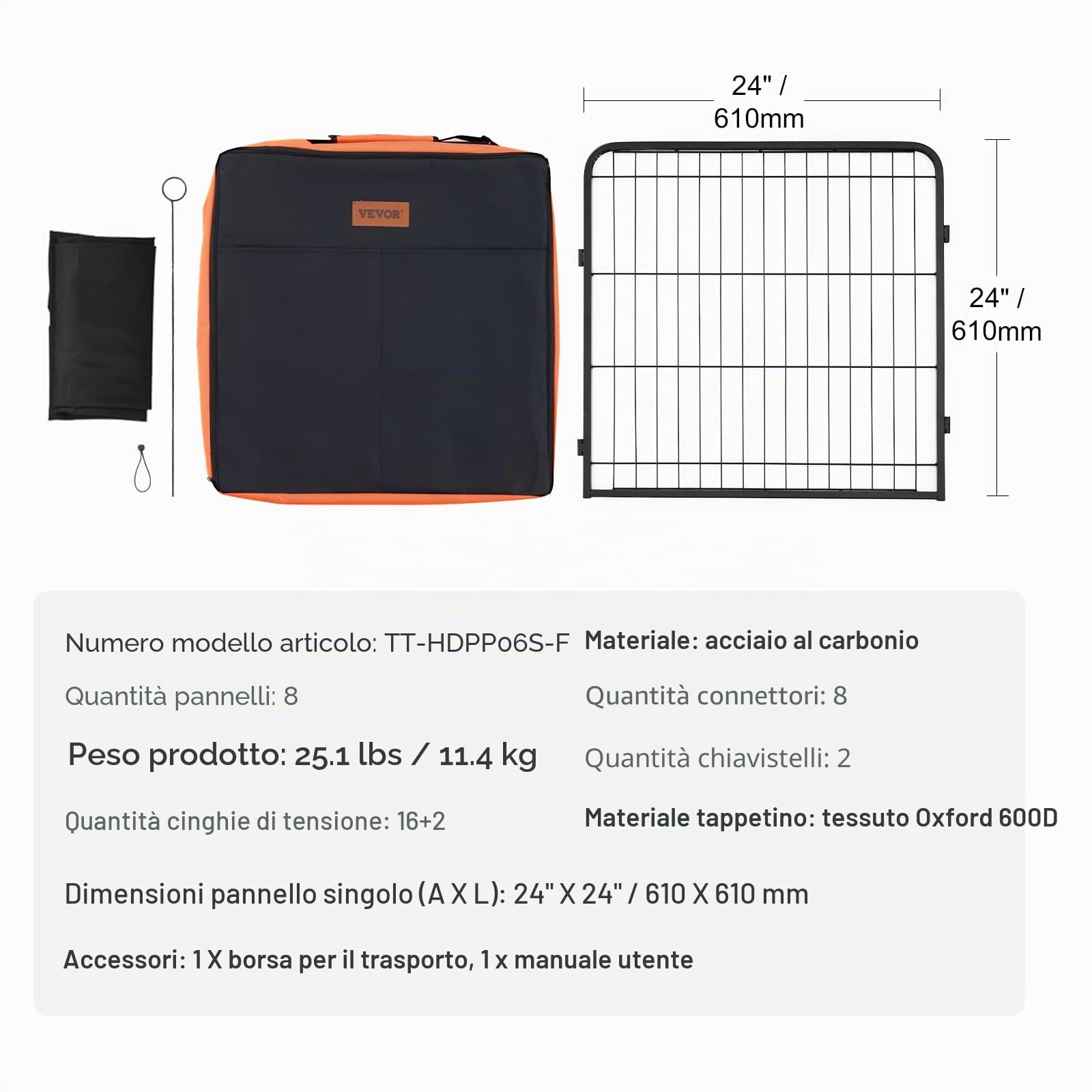 VEVOR Recinto per Cani, 8 Pezzi 610 x 610 mm Recinto per Animali Domestici per Interni Esterni con Porta, Pannelli Pieghevoli in Metallo per Esercizi per Animali Domestici, Borsa Portaoggetti, Fondo