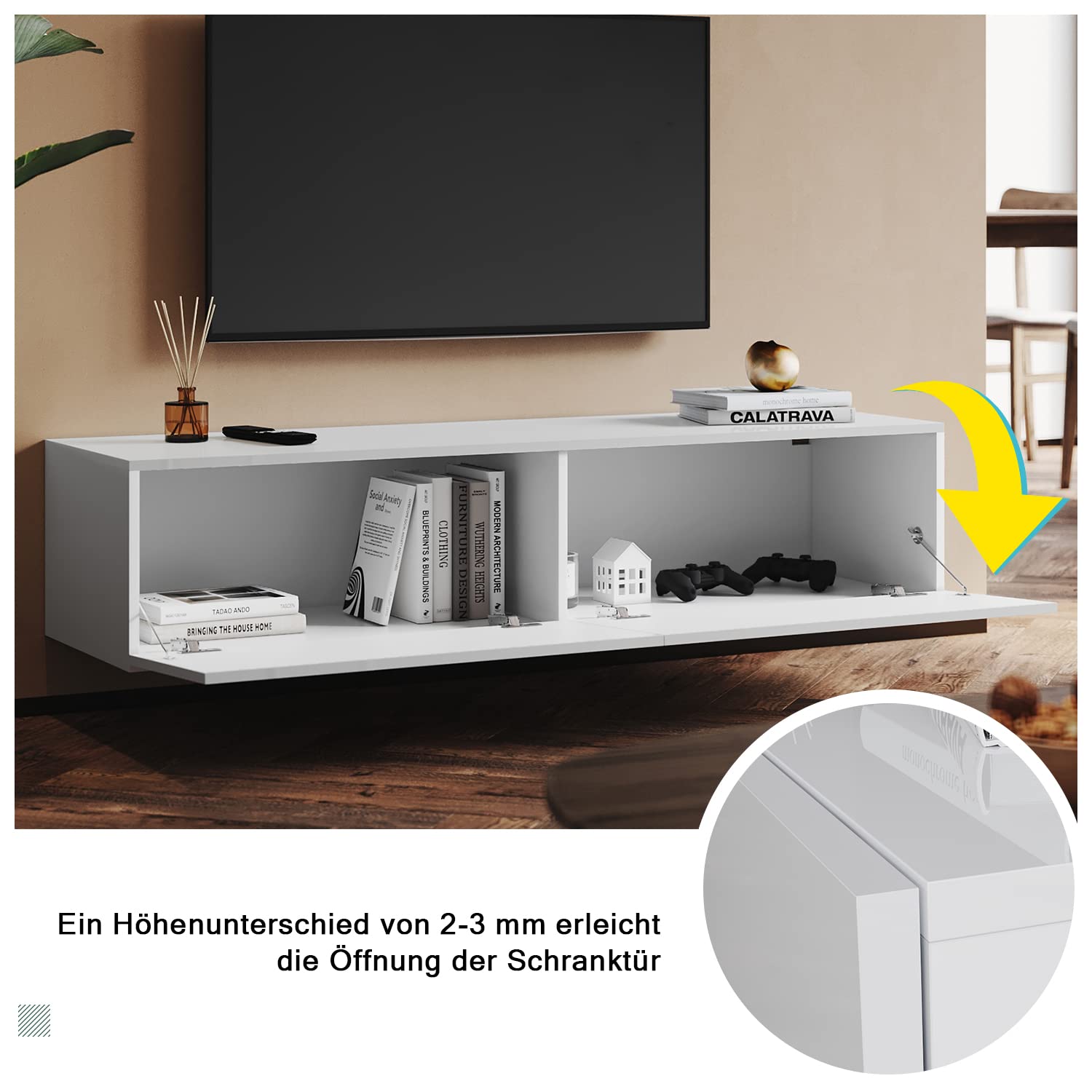 Mueble de TV colgante de 160 cm, moderno, mueble bajo para TV, color blanco, brillante, armario de pared, armario colgante moderno, muebles de salón, 160 x 40 x 30 cm