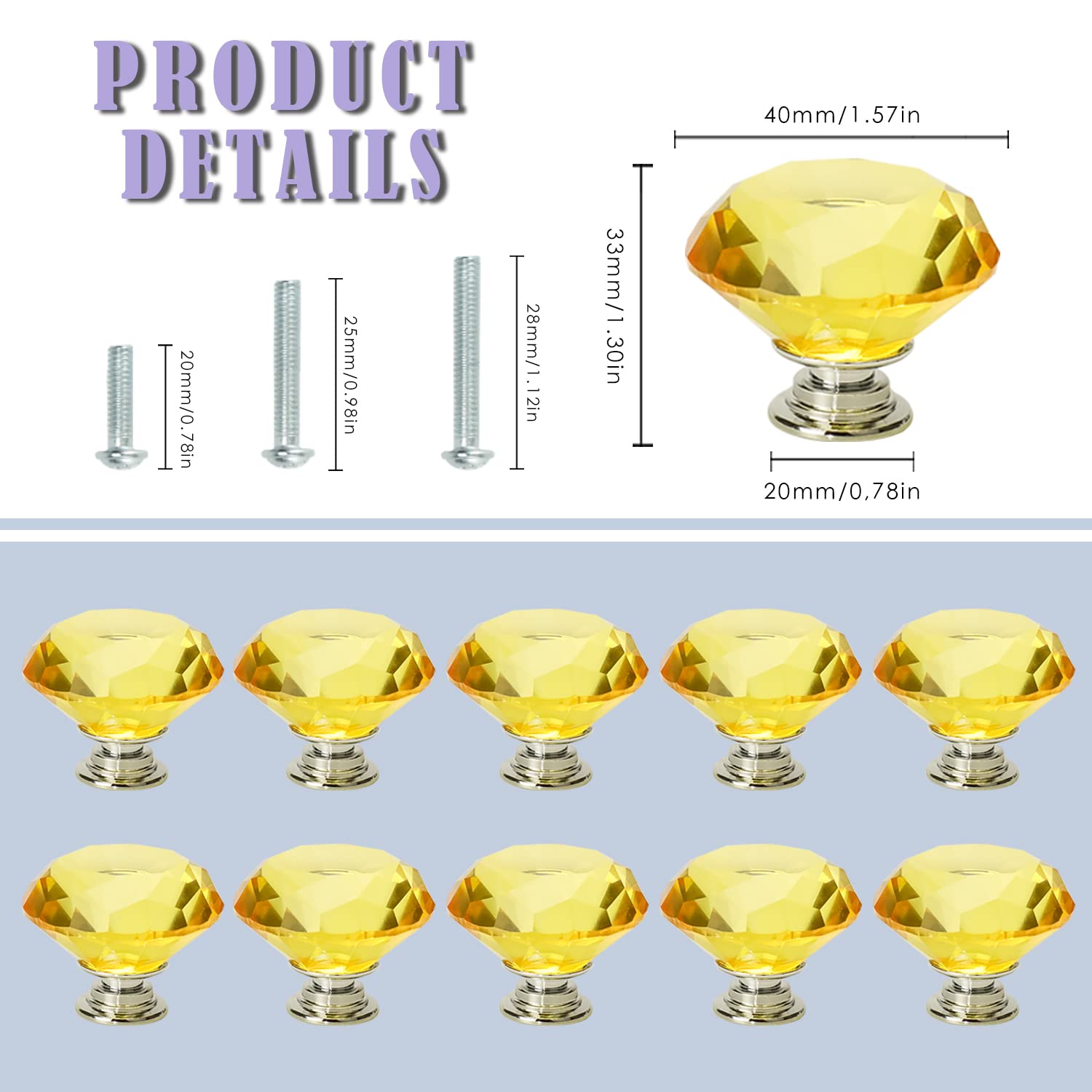 JIABOSE 10pcs 40mm Yellow Crystal Door Knobs for Cabinet Drawer Wardrobe Home Decorating with Silver Base - Image 3