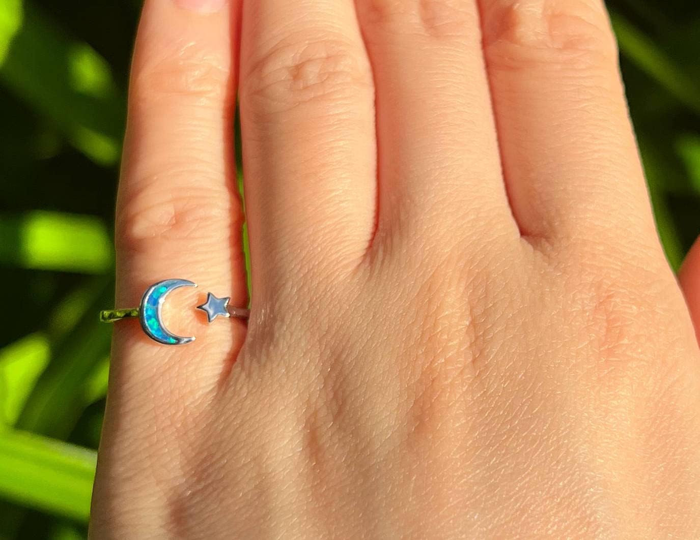 925 Sterling Silver Blue Opal Moon and Star Wedding Ring Eternity Band, Nickel Free Hypoallergenic for Sensitive Skin, Galaxy Sky Space Jewelry with Gift Box