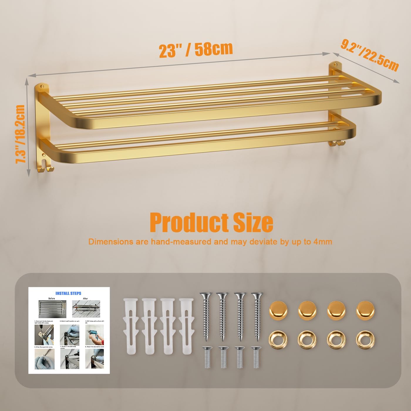 DDS-DUDES 23 Inch Gold Bathroom Towel Rack Towel Shelf with Double Towel Bars Lavatory Wall Mount Holder with Hooks Golden Stainless Steel Hotel Bath Rack