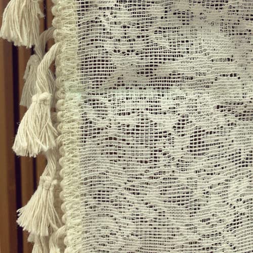 Deeprove Ivory Lace Curtain Valance Macrame Trim For Cafe Kitchen Small Window, Decor With Boho Style Handmade Tassels, Vintage Rose Floral Short Sheer Curtain, W57 X L18 Inch, Rod Pocket, 1 Panel #TOP4