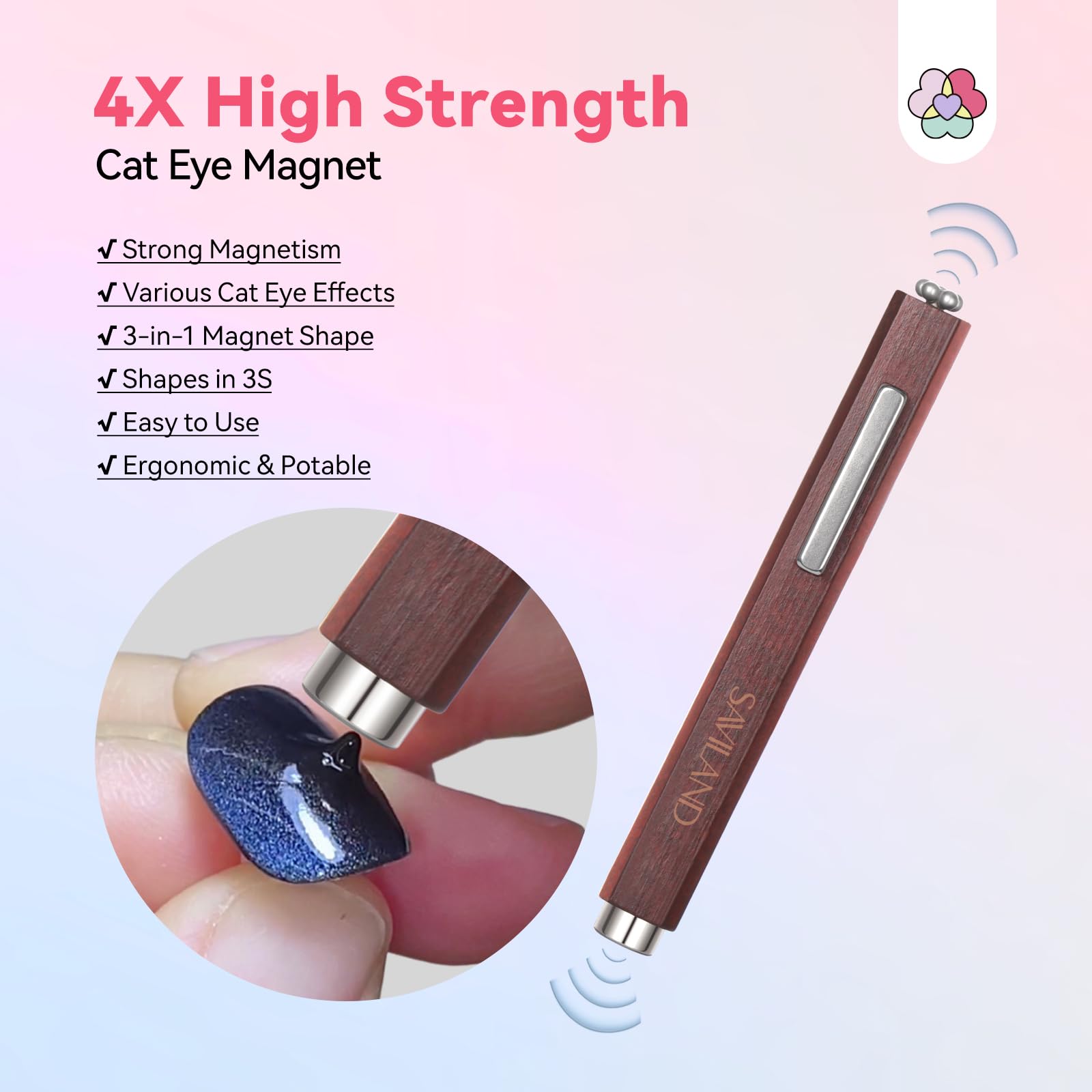 SAVILAND 3-in-1 Cat Eye Magnet for Nails: 4X High Strength Nail Magnet Round Long Strip Bead Versatile Effects Precise 3S Shaping N35 Neodymium Wood Handle Magnet Wand Stick for Nail Art Home DIY - Image 2