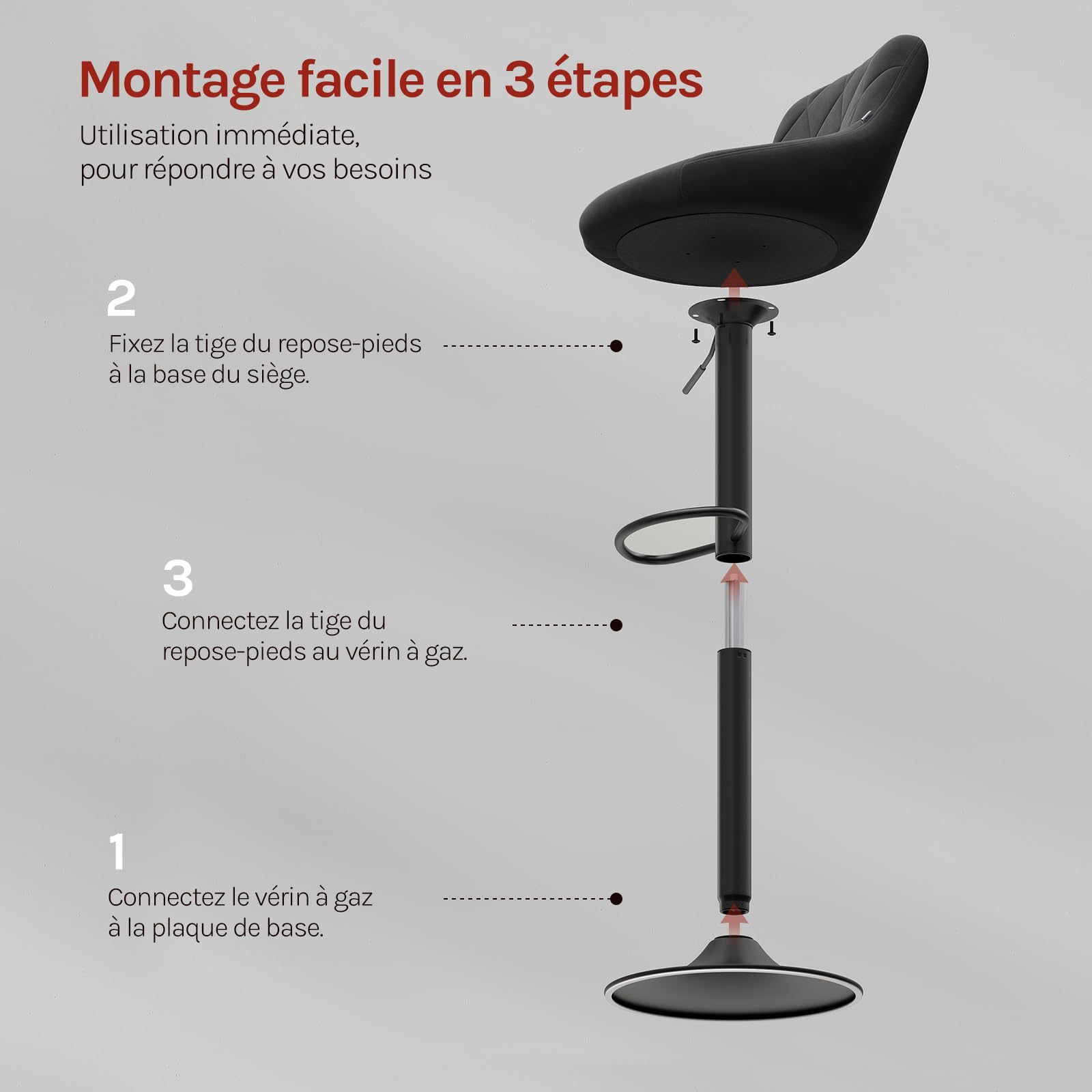 WOLTU Tabouret de Bar Lot de 2, Chaise de Bar Haute Cuisine, Réglable en Hauteur, Siège pivotant à 360° Confortable, avec Dossier et Repose-Pieds, pour Cuisine, Salle à Manger, en Velours, Noir