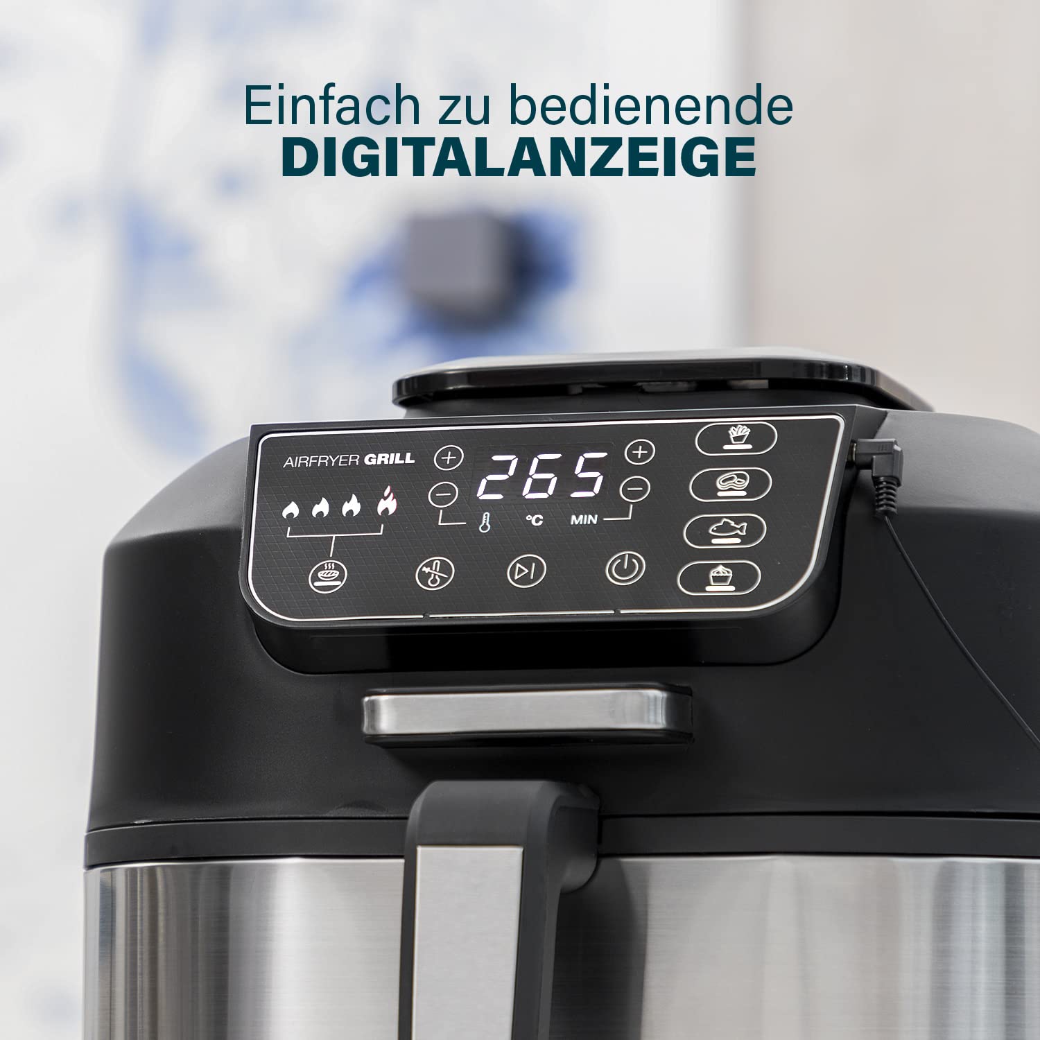 Princess 2-in-1 Heißluftfritteuse und Grill - 4 Programme - Max 265°C - Inklusive Thermometer - 1760W - Herausnehmbarer Korb - Silber/Schwarz - 182092