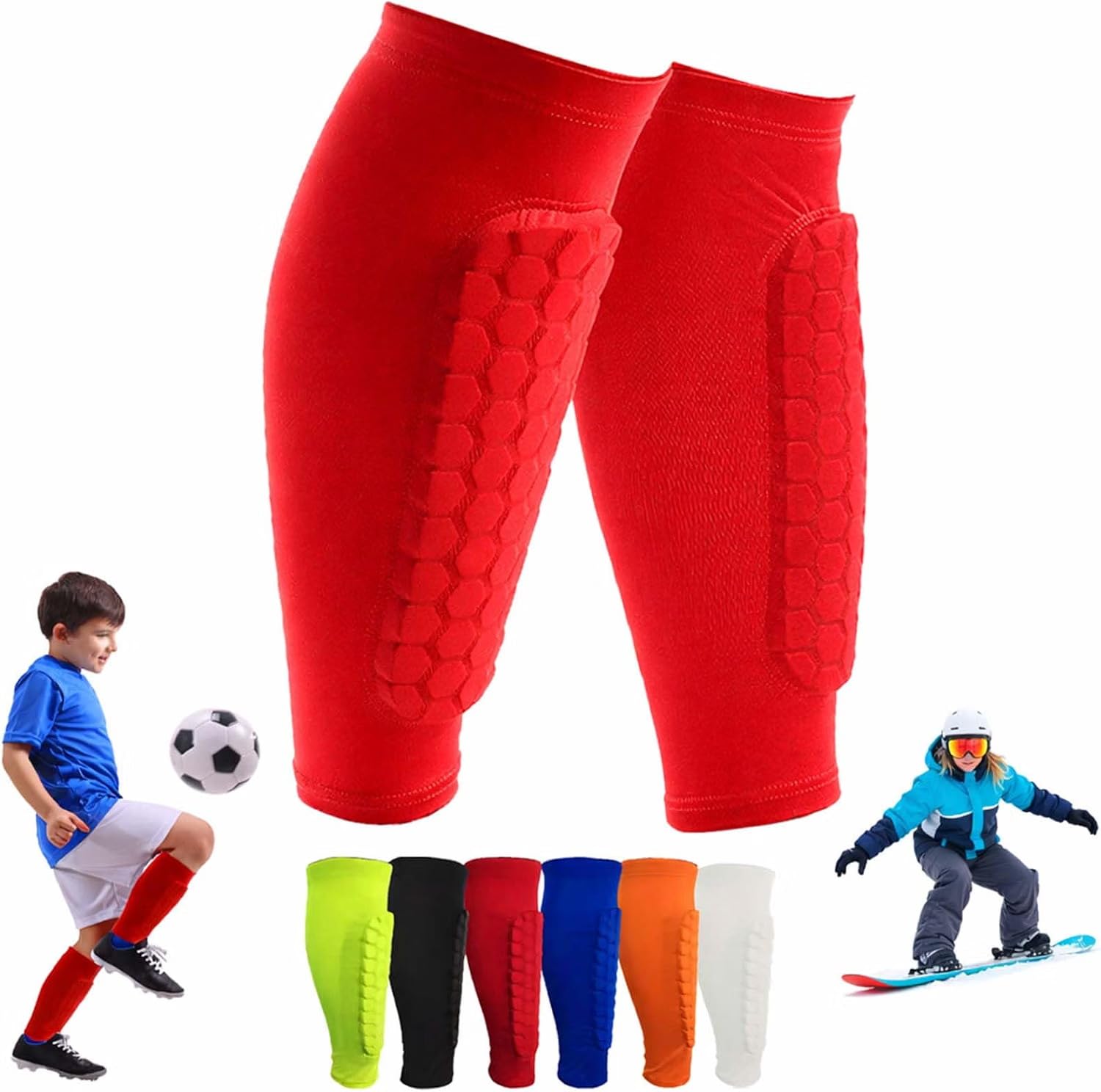 OBVOLO Football Shin Pads for Kids, Youth & Adults Padded Football Shin Guards with Calf Compression Lightweight Protective Gear for Football, Rugby, Baseball - 1 Pair
