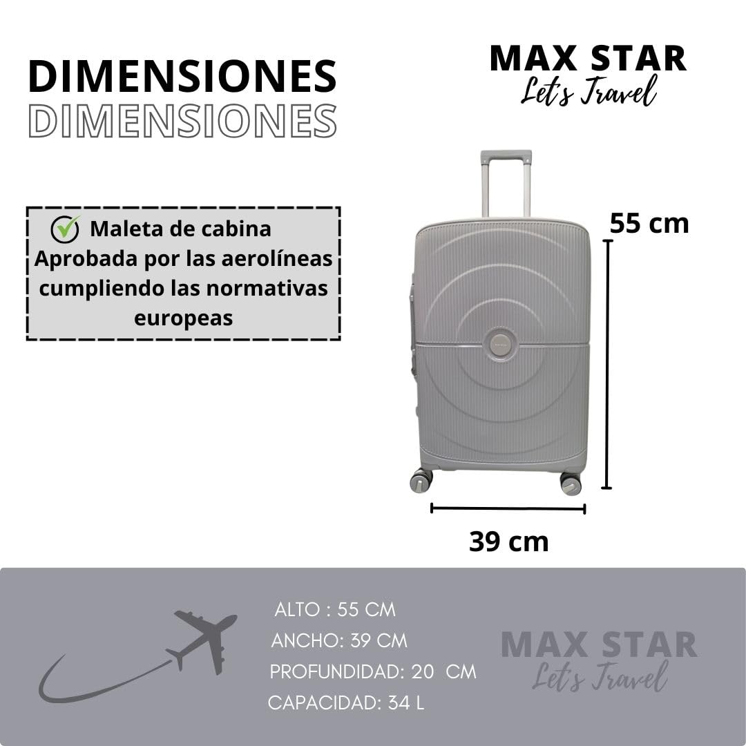Max Star Juego de Maletas de Viaje 3 Piezas, MS636, Ruedas 360º, Polipropileno, Impermeable, Resistente, Ligera, Gran Capacidad, Maleta Cabina, Mediana, Grande, Gris