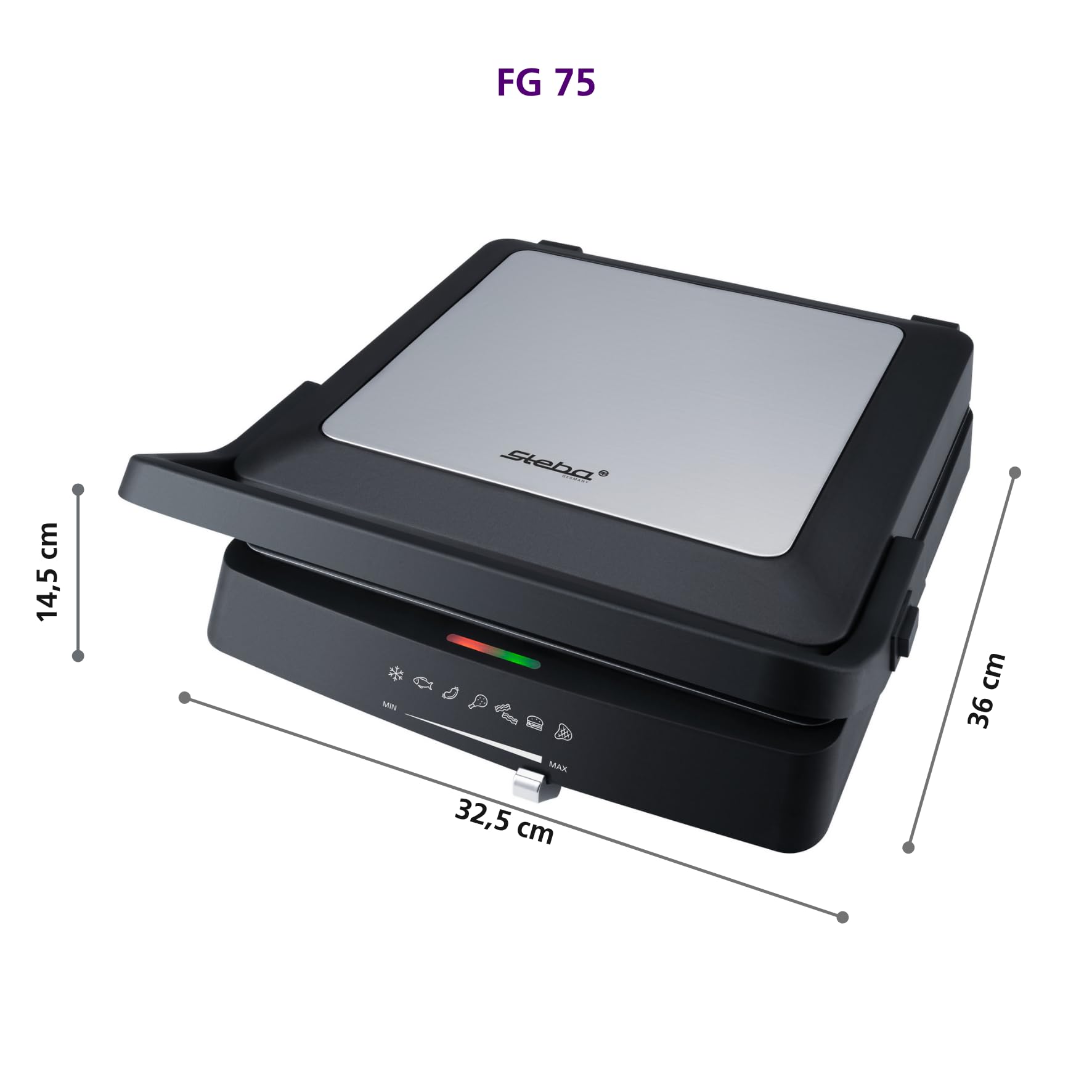 Steba FG 75 grill stołowy i kontaktowy | Płyty grillowe niezawierające PFAS: 27 x 24 cm, lampa kontrolna pracy i temperatury, rozkładana o 180°
