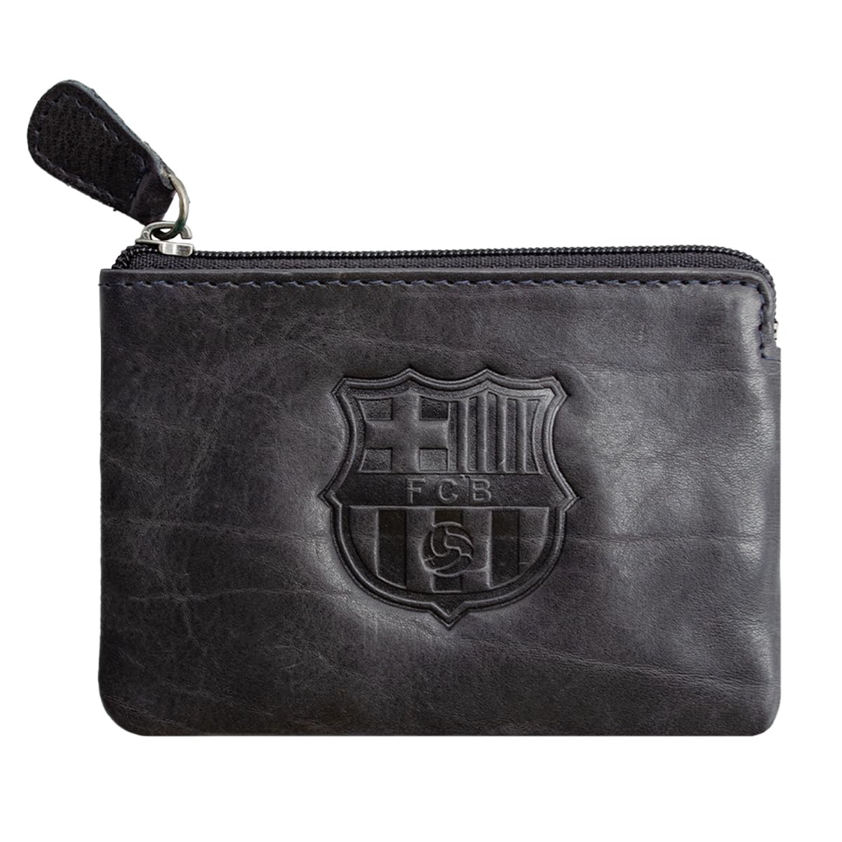 Monedero Piel FC Barcelona con Escudo Grabado | Mini Cartera Compacta con Cremallera | Accesorio Oficial Licenciado para Aficionados (Negro)