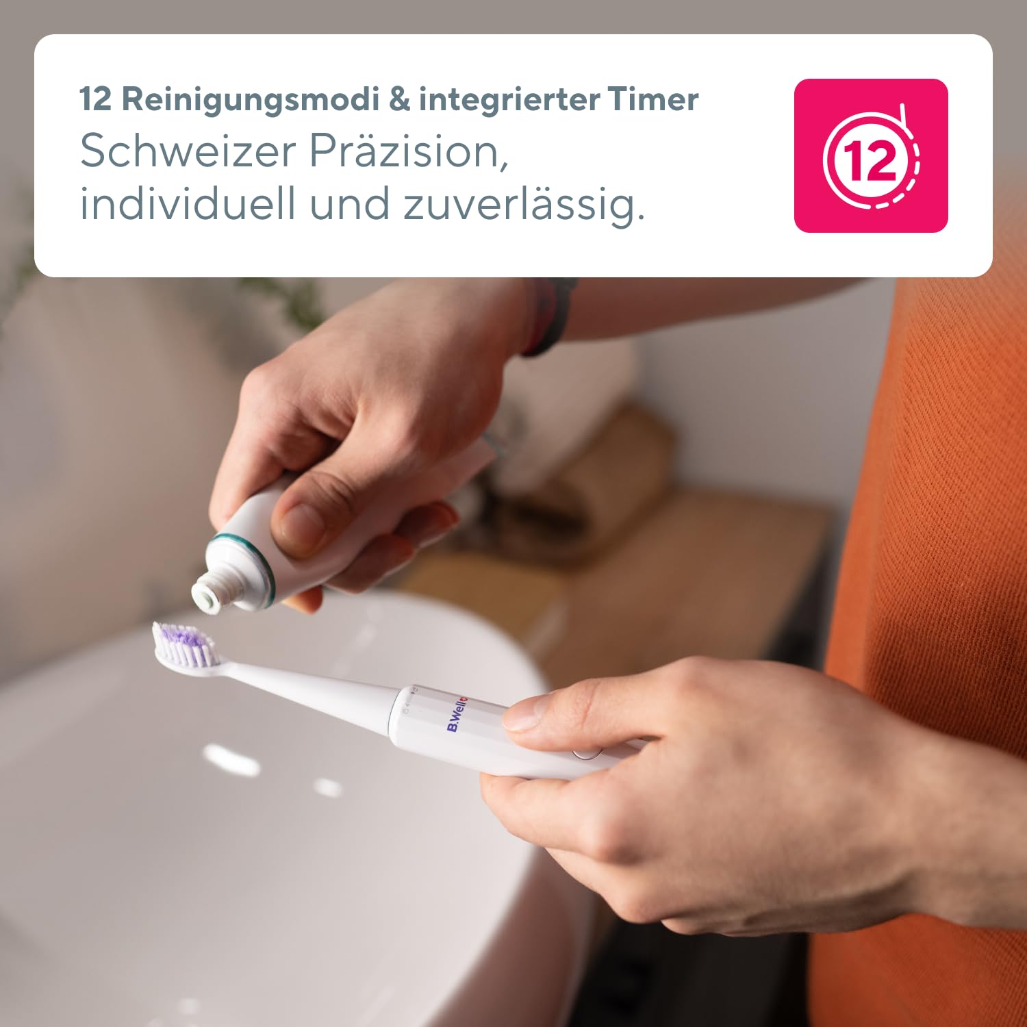 B.Well MED-870 Schallzahnbürste | 12 Reinigungsmodi & 4 Monate Akku | Schweizer Qualitätsstandards: 12 Modi, 2-Minuten-Timer mit 30-Sek.-Intervall, Induktionsladung und 2 farbige Bürstenköpfe.
