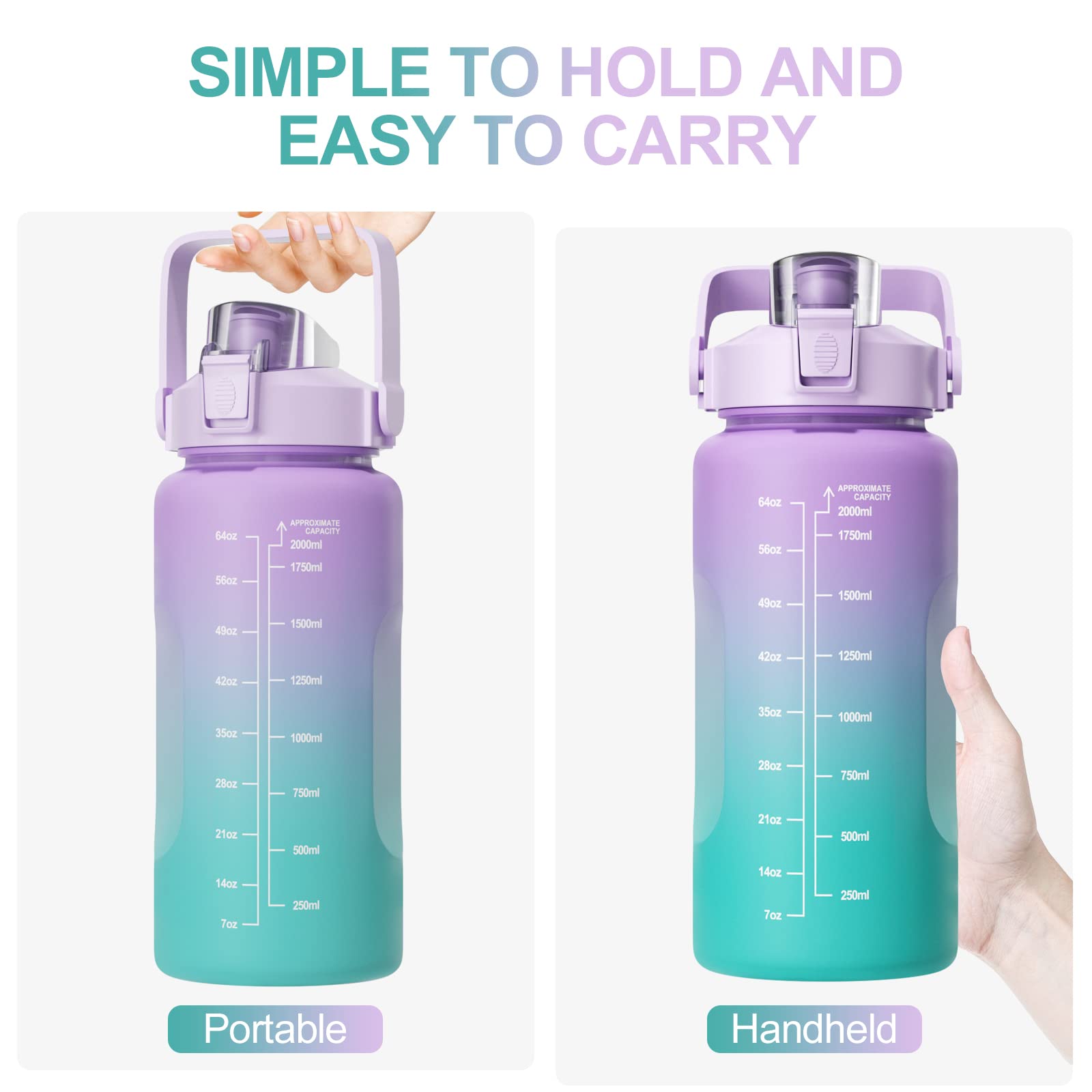 Firschoie Borraccia con Cannuccia 2 Litro Sportiva, Indici di Ispirazione con Graduazioni, Senza BPA, Borracce di Perdite con Cannuccia, Alto Volume, per Yoga, Palestra, Campeggio (Viola)