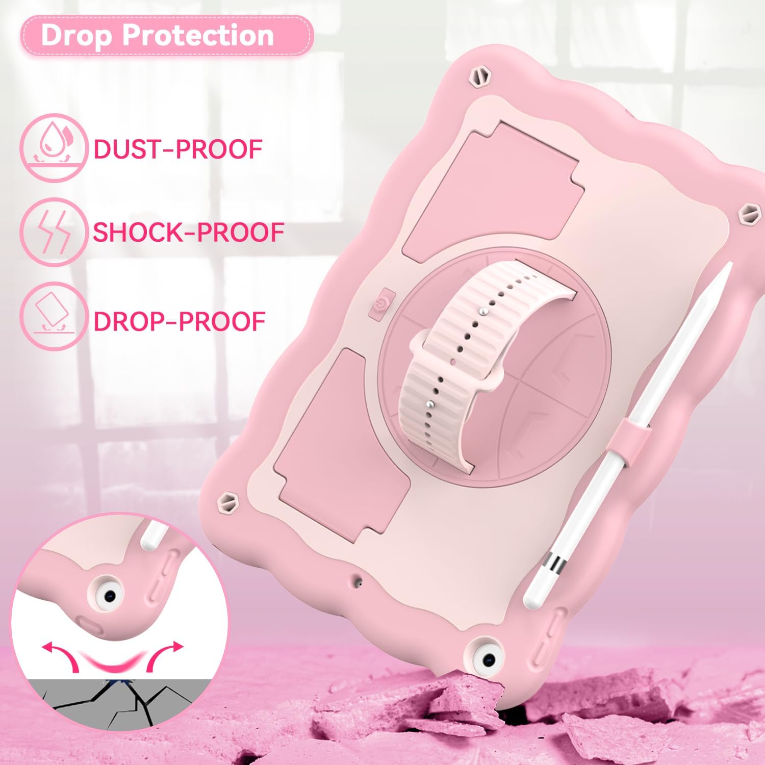 ZoneFoker Case for iPad 9th Generation Case / 8th Gen / 7th Gen 10.2 Inch 2021 2020 2019, Heavy Duty Shockproof Protective Cover with Pencil Holder [360° Rotate Strap] & Stand, Pink