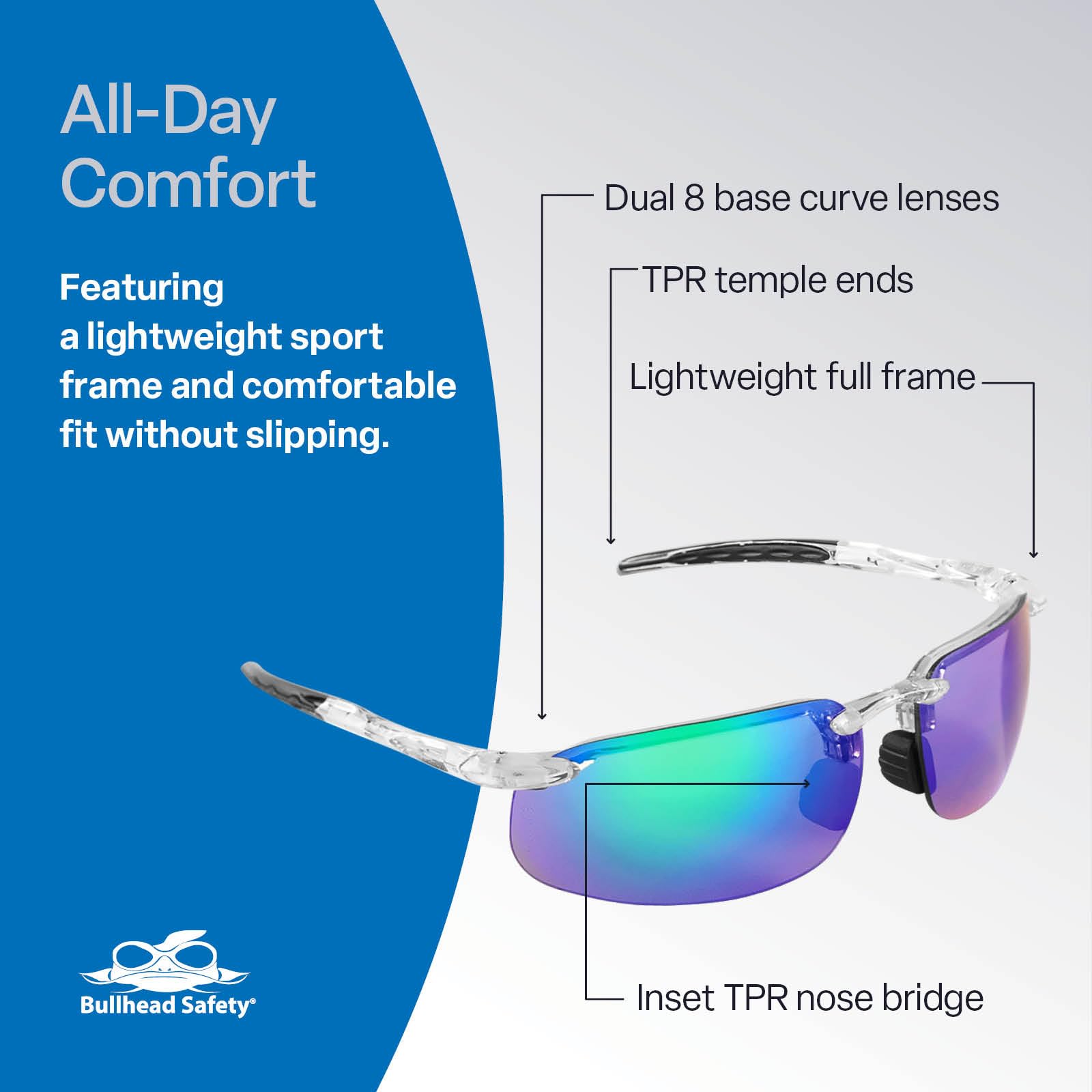 Bullhead Safety Eyewear BH10116AF Bezpieczne szkło miecznikowe, czarny nos i zauszniki, jeden rozmiar, krystalicznie czysta rama/zielone lustrzane soczewki