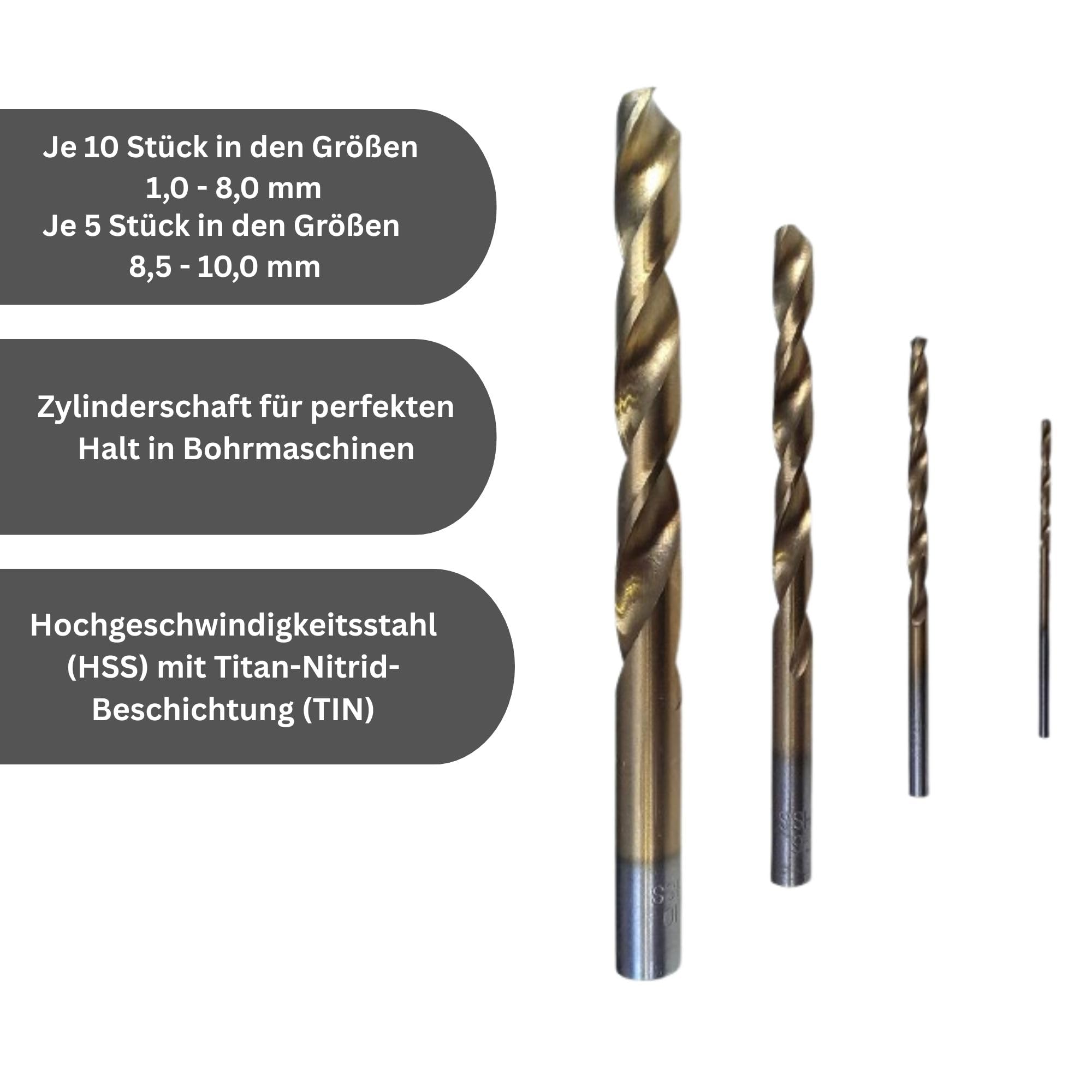 HSS Spiralbohrersatz Metallbohrer 170-tlg., DIN 338, TIN, 1-10 x 0,5 mm, im Metallkoffer
